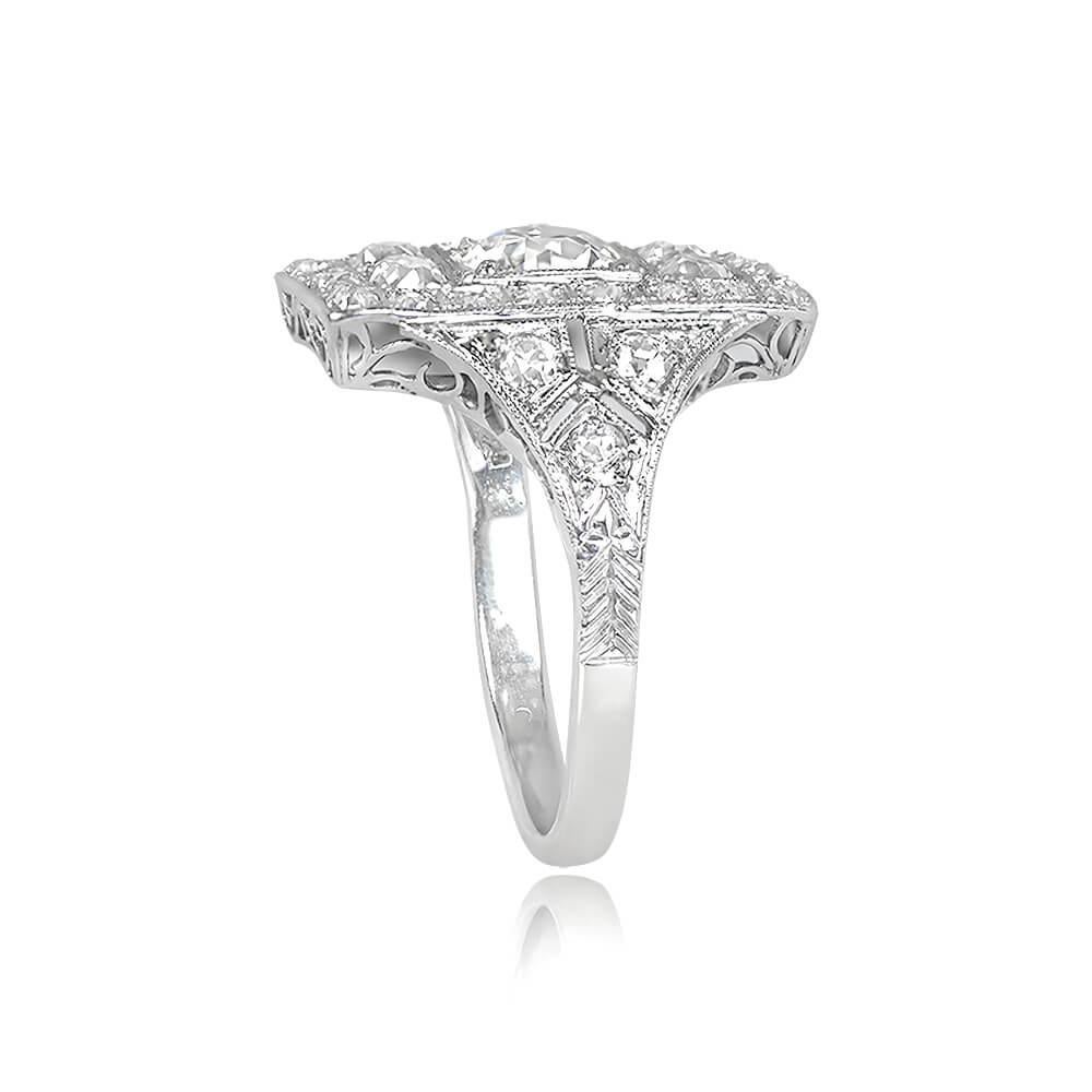 Art Deco Antique 1.45ct Old European Cut Diamond Cocktail Ring, Diamond Halo, Platinum For Sale