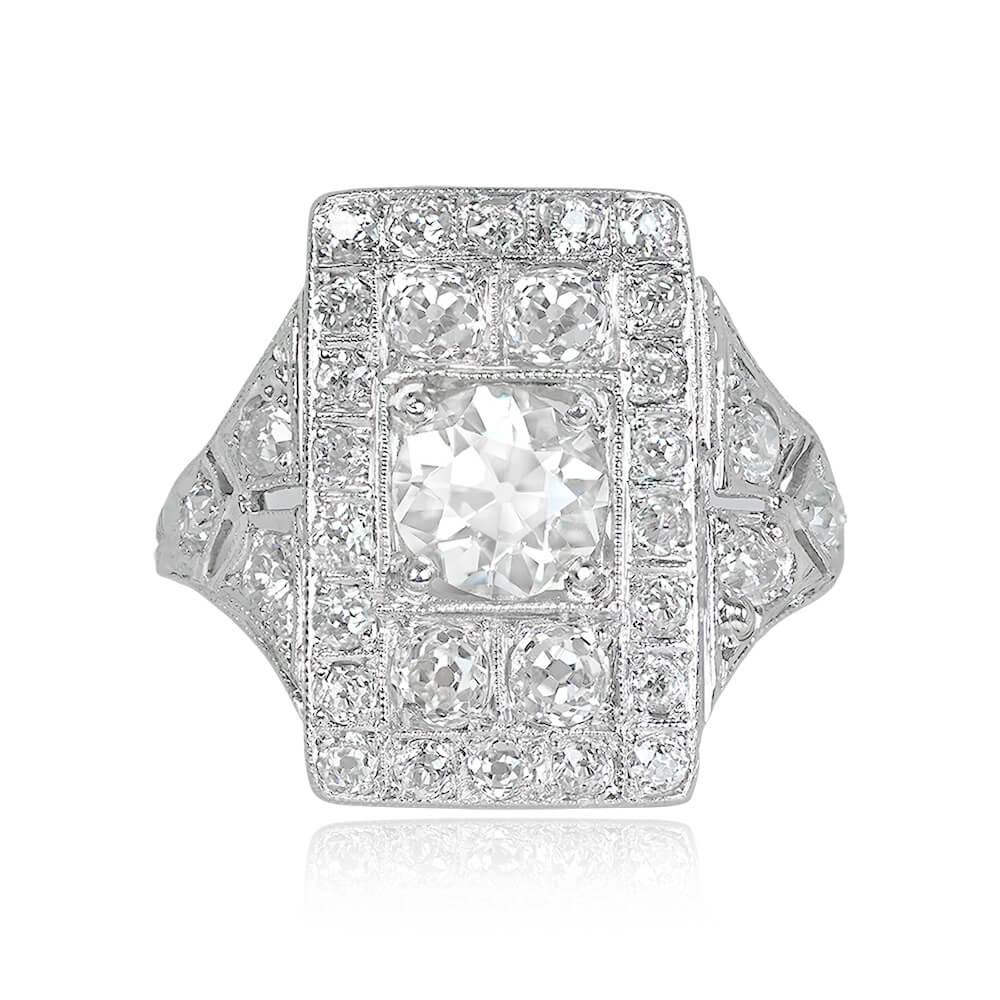 Antique 1.45ct Old European Cut Diamond Cocktail Ring, Diamond Halo, Platinum In Excellent Condition For Sale In New York, NY