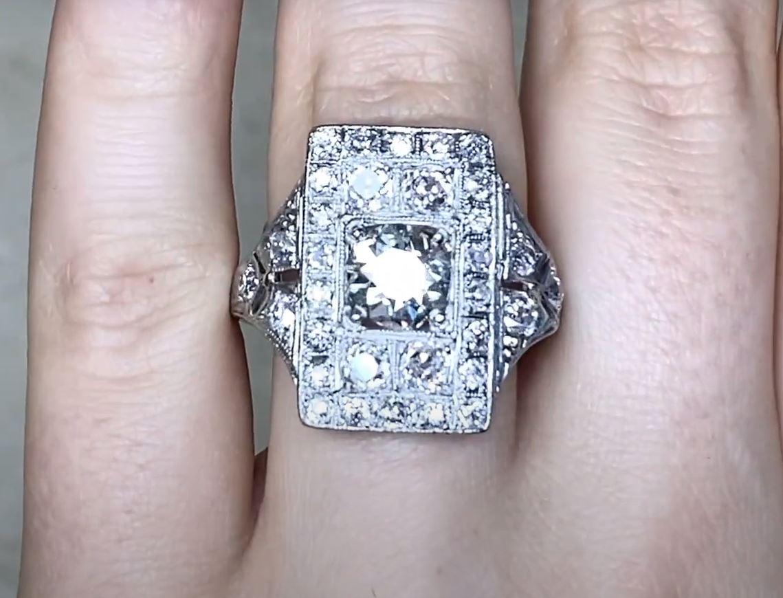 Women's Antique 1.45ct Old European Cut Diamond Cocktail Ring, Diamond Halo, Platinum For Sale