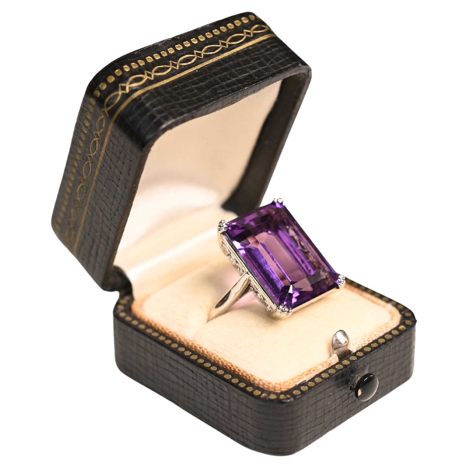Antique Emerald Cut Amethyst Cocktail Ring (Approx. 14.70-Carats), Platinum