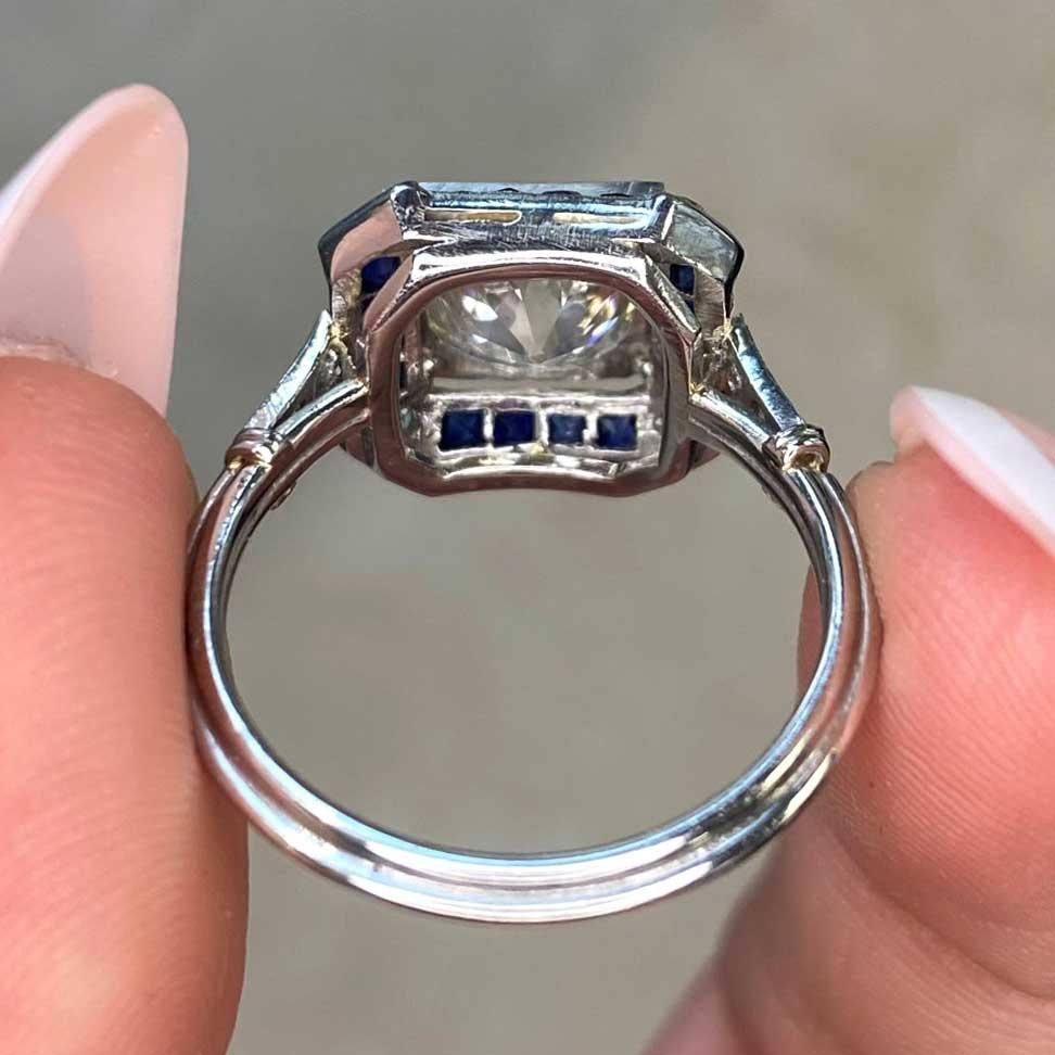 Antique 1.47ct Old European Cut Diamond Engagement Ring, Sapphire Halo, Platinum For Sale 5