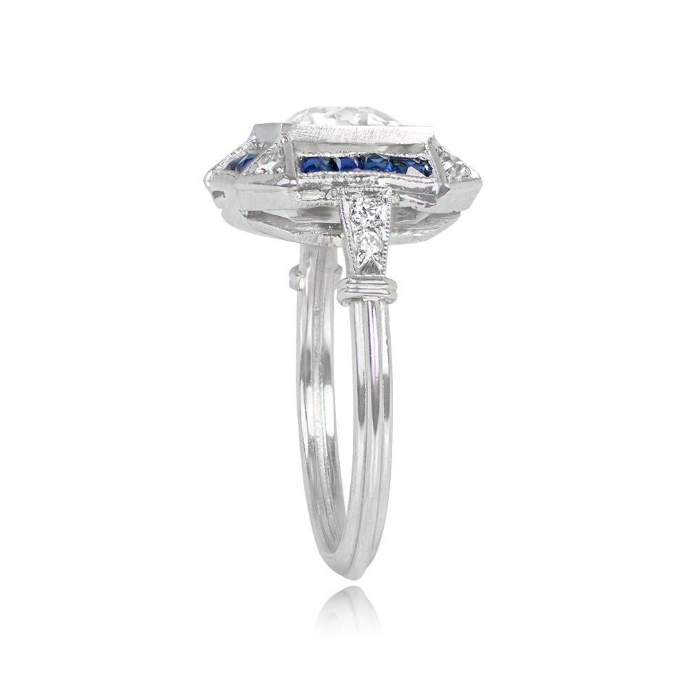 Art Deco Antique 1.47ct Old European Cut Diamond Engagement Ring, Sapphire Halo, Platinum For Sale