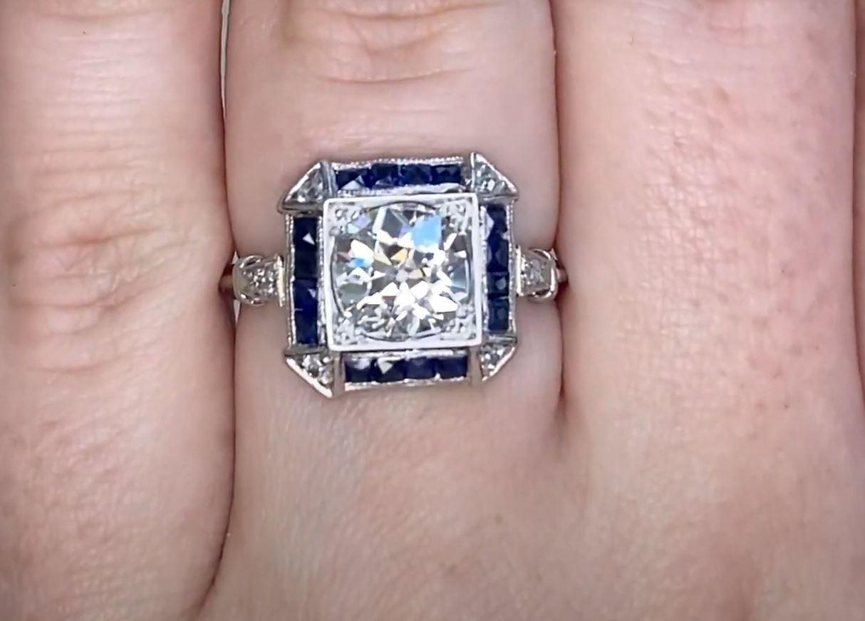 Antique 1.47ct Old European Cut Diamond Engagement Ring, Sapphire Halo, Platinum In Excellent Condition For Sale In New York, NY