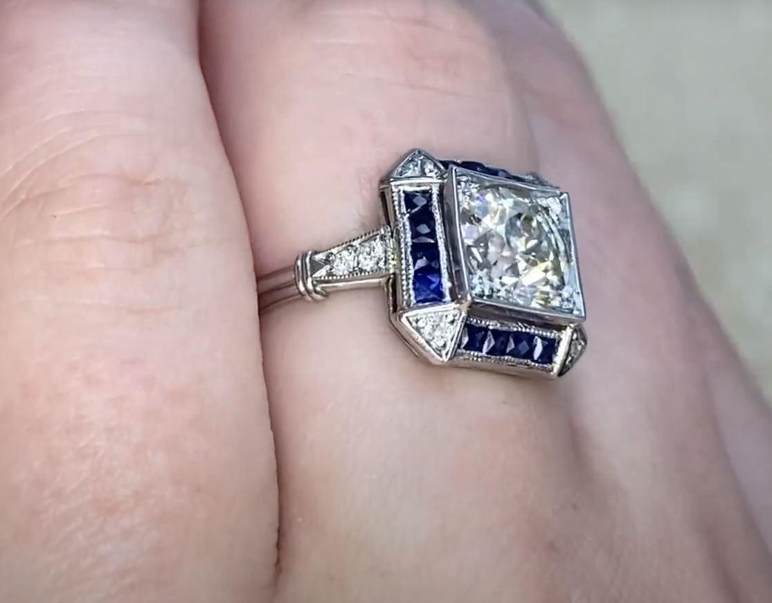 Women's Antique 1.47ct Old European Cut Diamond Engagement Ring, Sapphire Halo, Platinum For Sale