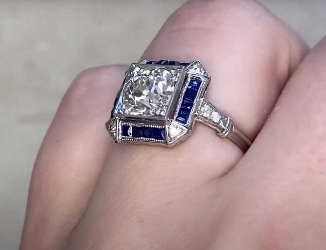Antique 1.47ct Old European Cut Diamond Engagement Ring, Sapphire Halo, Platinum For Sale 1