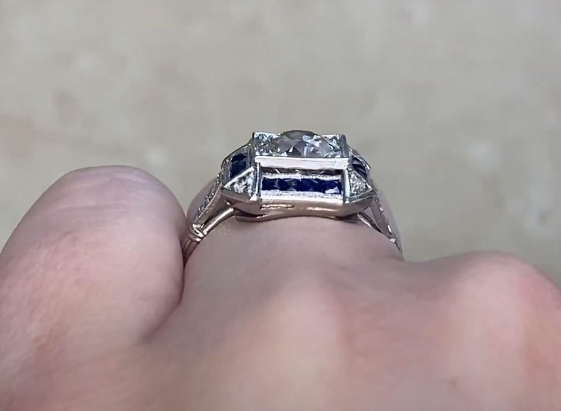 Antique 1.47ct Old European Cut Diamond Engagement Ring, Sapphire Halo, Platinum For Sale 2