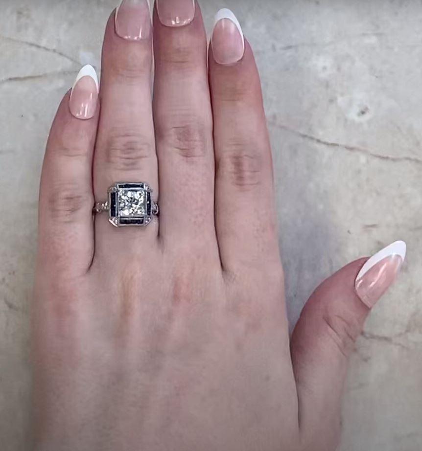 Antique 1.47ct Old European Cut Diamond Engagement Ring, Sapphire Halo, Platinum For Sale 3