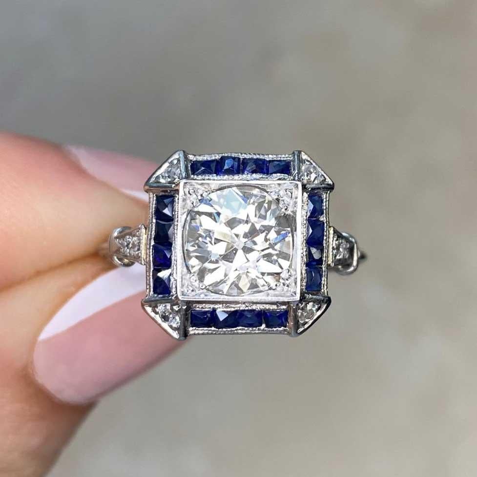 Antique 1.47ct Old European Cut Diamond Engagement Ring, Sapphire Halo, Platinum For Sale 4