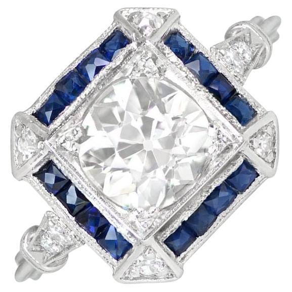 Bague de fiançailles ancienne avec diamant taille européenne ancienne 1,47 carat, halo de saphirs, platine