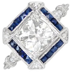 Antique 1.47ct Old European Cut Diamond Engagement Ring, Sapphire Halo, Platinum