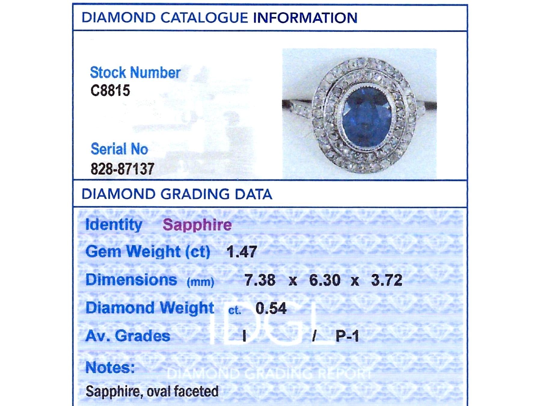 Antique 1.47Ct Sapphire and 0.54Ct Diamond, Platinum Cluster Ring Circa 1910 For Sale 3