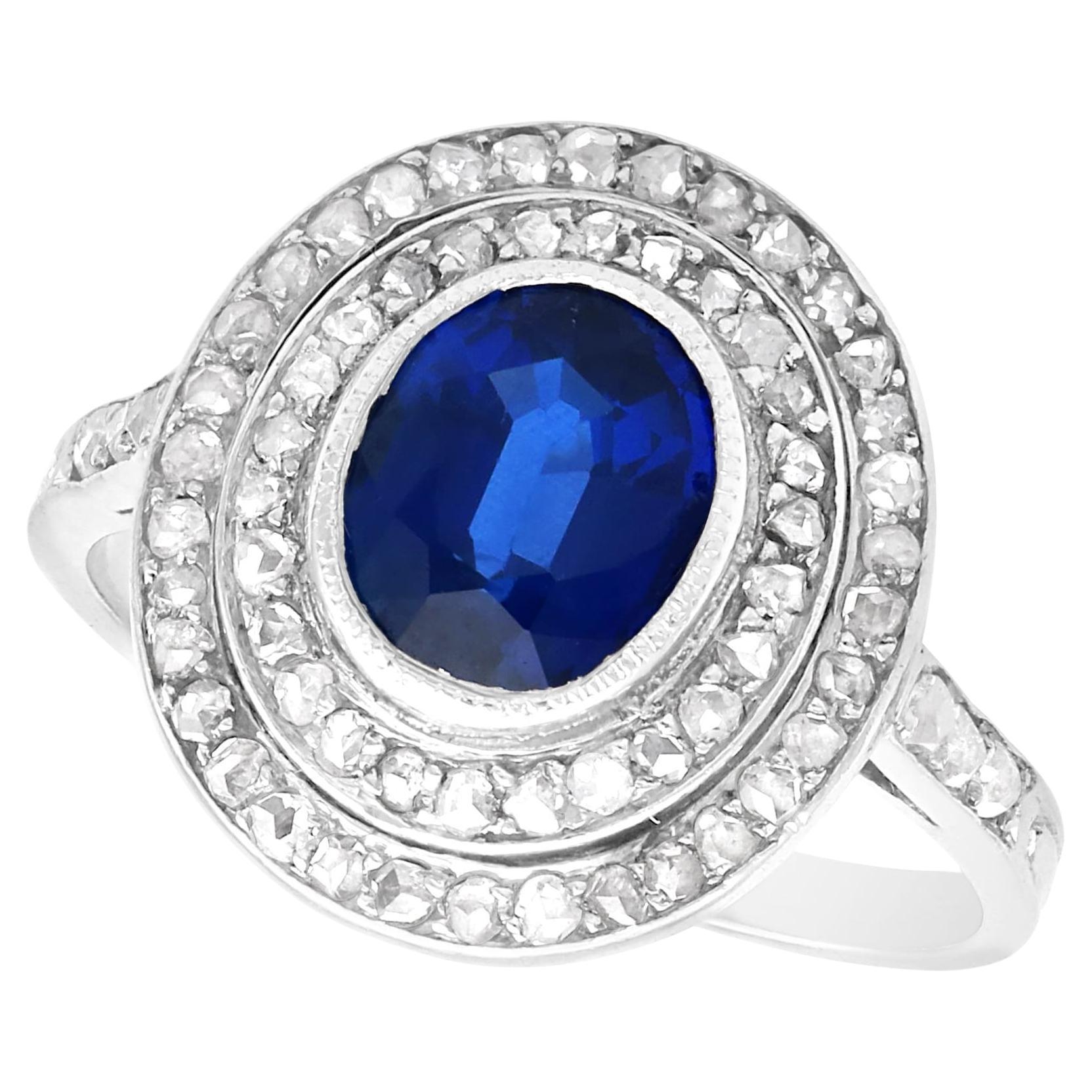 Antique 1.47Ct Sapphire and 0.54Ct Diamond, Platinum Cluster Ring Circa 1910 For Sale