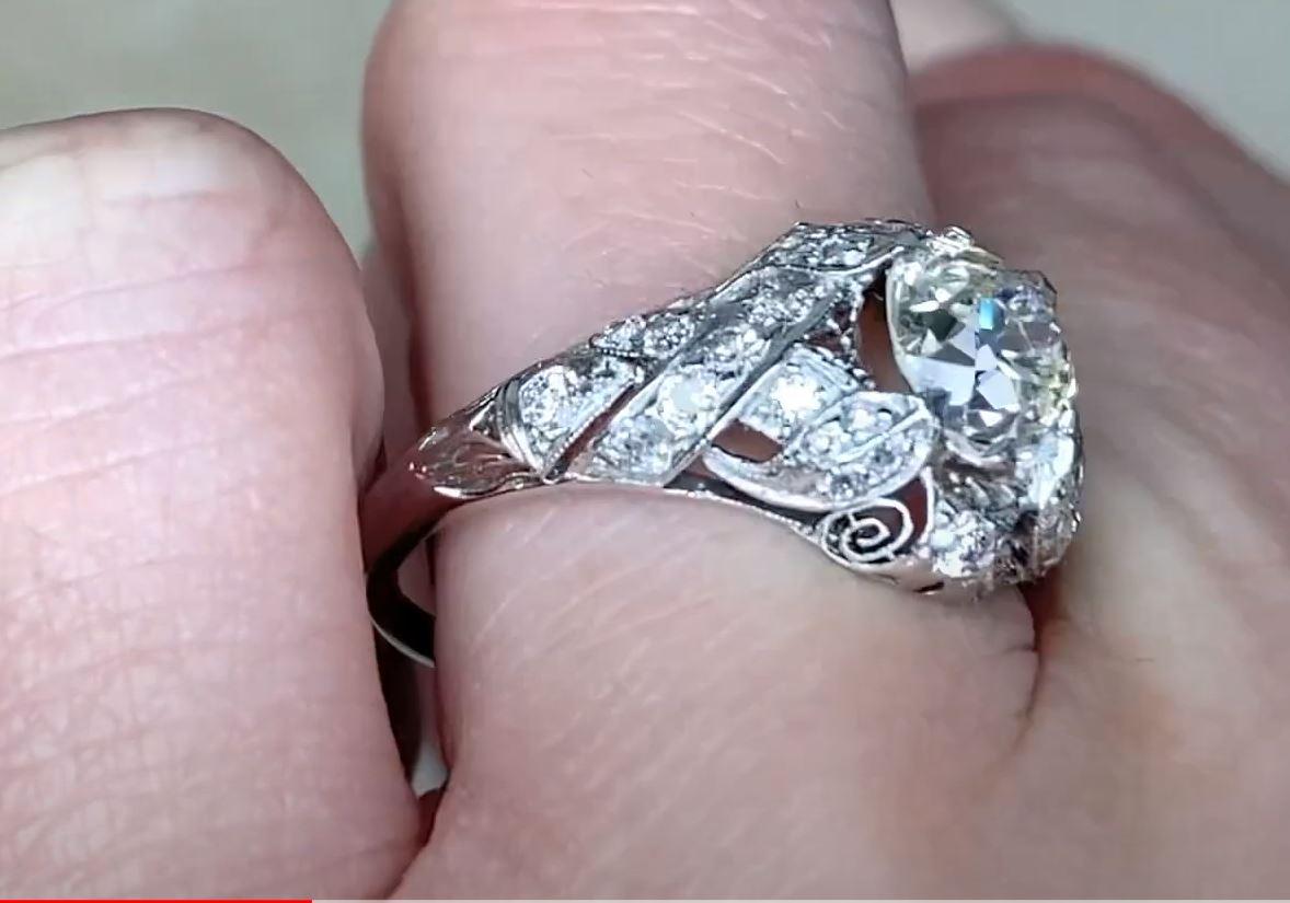 Edwardian Antique 1.48 Carat Old European Cut Diamond Engagement Ring, Platinum For Sale