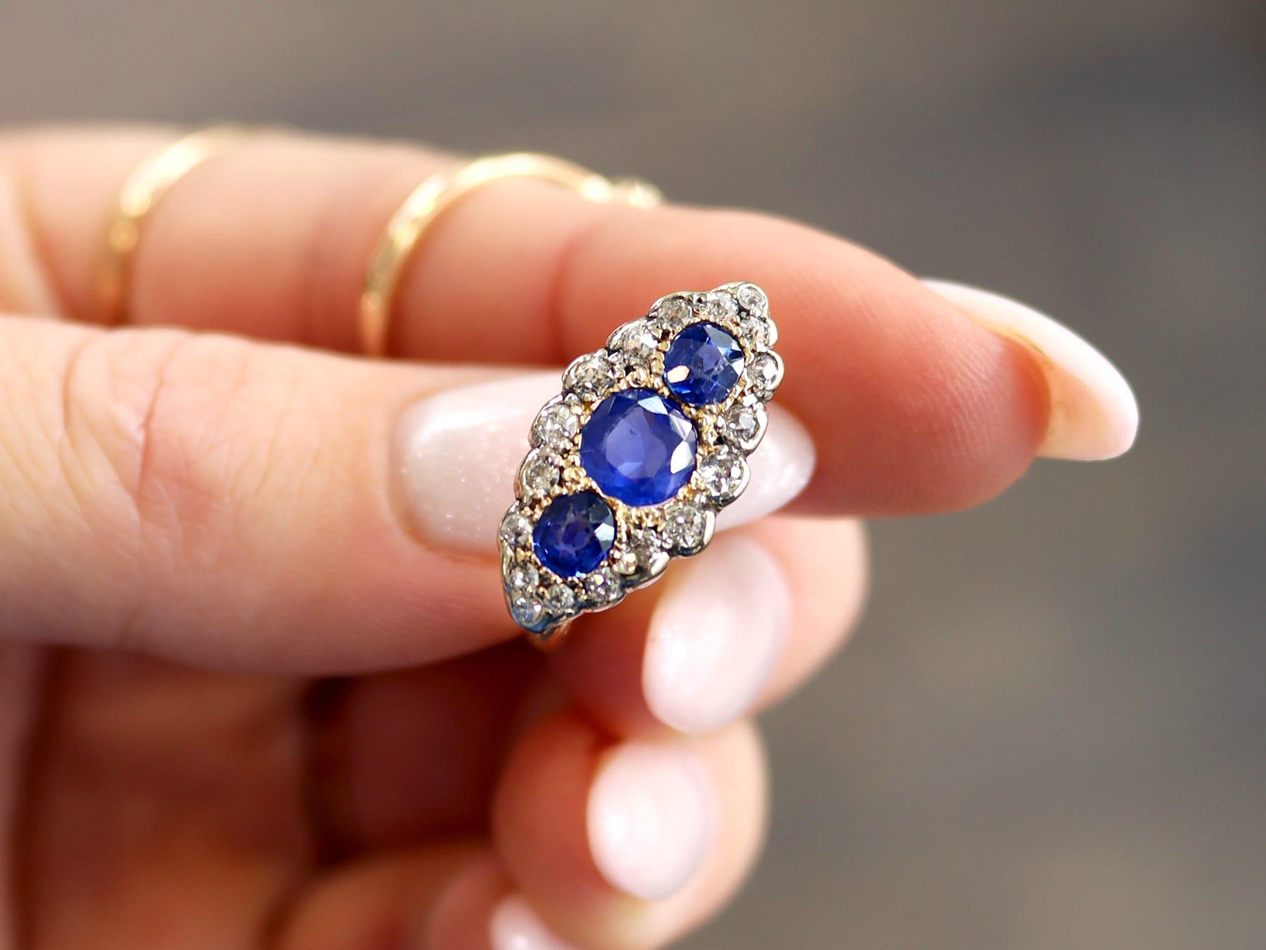 Cushion Cut Antique 1.48 Carat Sapphire 1.04 Carat Diamond Ring in Yellow Gold For Sale