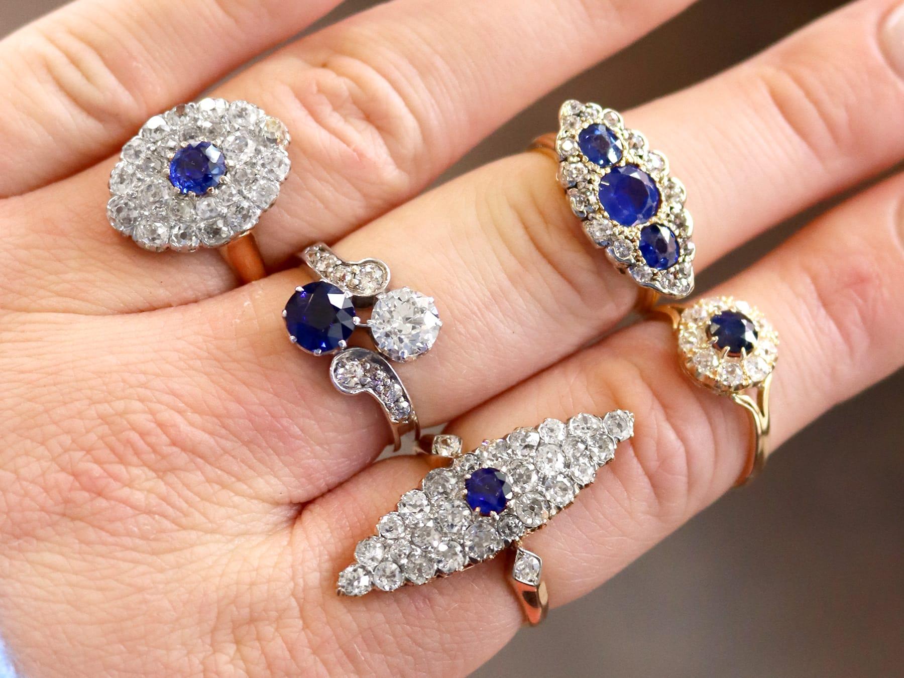 Antique 1.48 Carat Sapphire 1.04 Carat Diamond Ring in Yellow Gold In Excellent Condition For Sale In Jesmond, Newcastle Upon Tyne