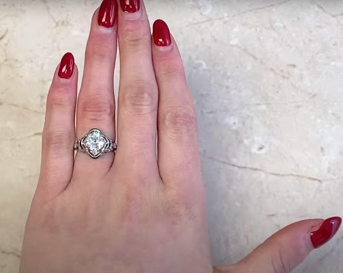 Antique 1.49ct Old Euro-Cut Diamond Engagement Ring, Sapphire Halo, Platinum For Sale 4