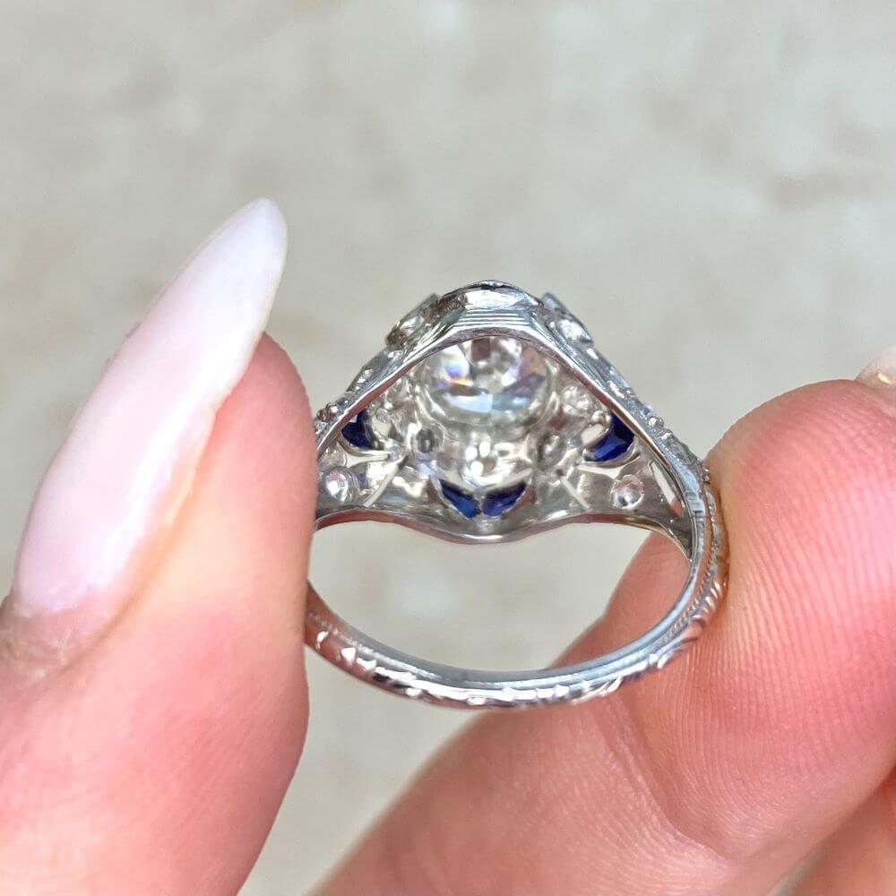Antique 1.49ct Old Euro-Cut Diamond Engagement Ring, Sapphire Halo, Platinum For Sale 6
