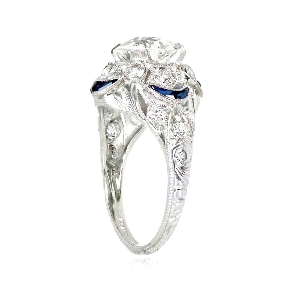 Art Deco Antique 1.49ct Old Euro-Cut Diamond Engagement Ring, Sapphire Halo, Platinum For Sale