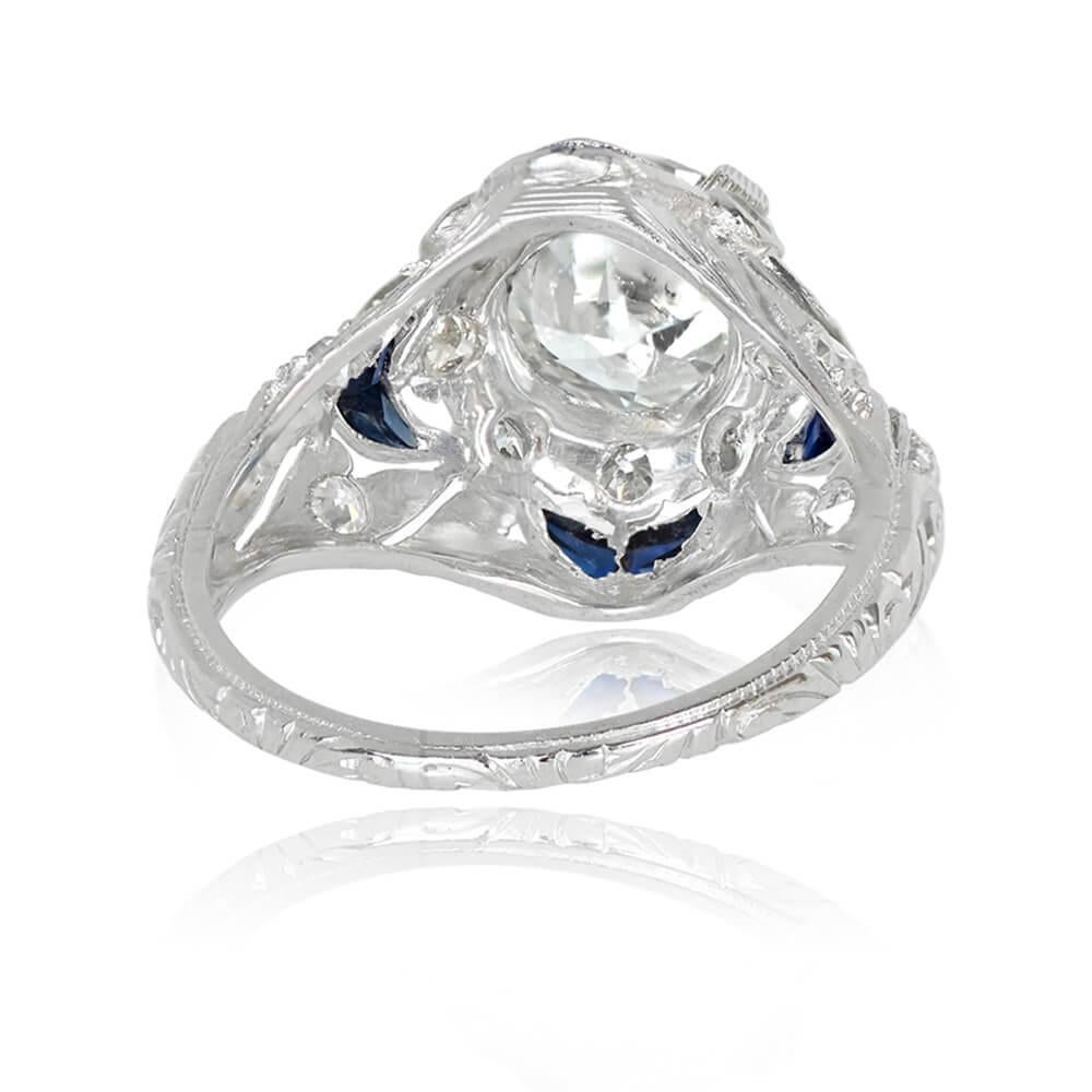 Old European Cut Antique 1.49ct Old Euro-Cut Diamond Engagement Ring, Sapphire Halo, Platinum For Sale