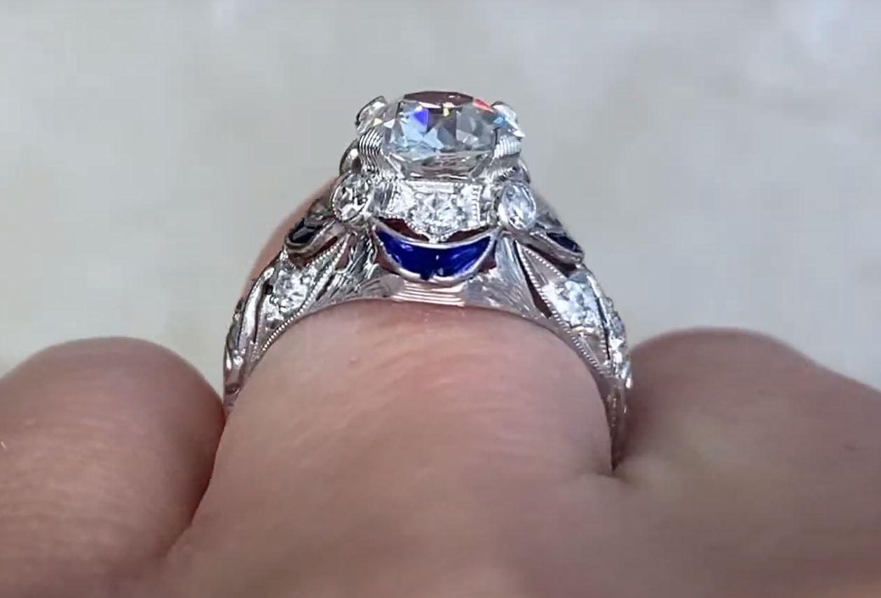 Antique 1.49ct Old Euro-Cut Diamond Engagement Ring, Sapphire Halo, Platinum For Sale 2