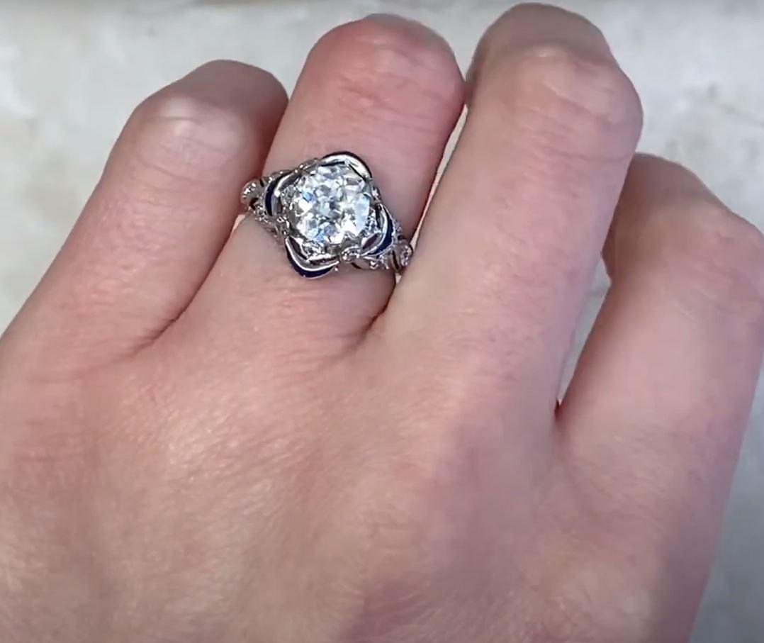 Antique 1.49ct Old Euro-Cut Diamond Engagement Ring, Sapphire Halo, Platinum For Sale 3