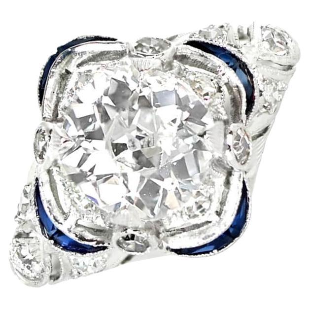 Bague de fiançailles ancienne en platine avec diamant taille européenne ancienne de 1,49 carat et halo de saphirs