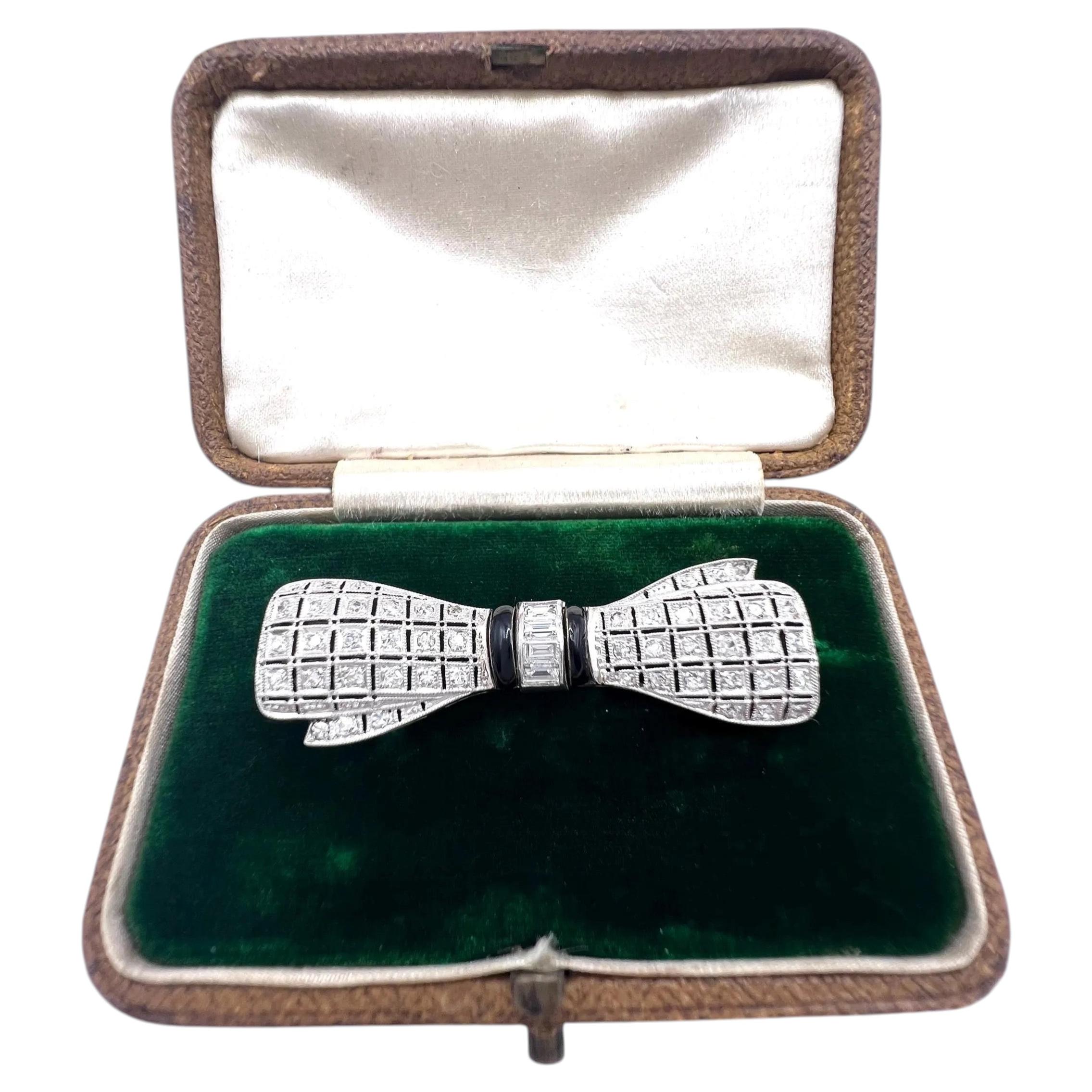 Antique 14ct Gold, 1920s Art Deco Onyx & Diamond Bow Brooch