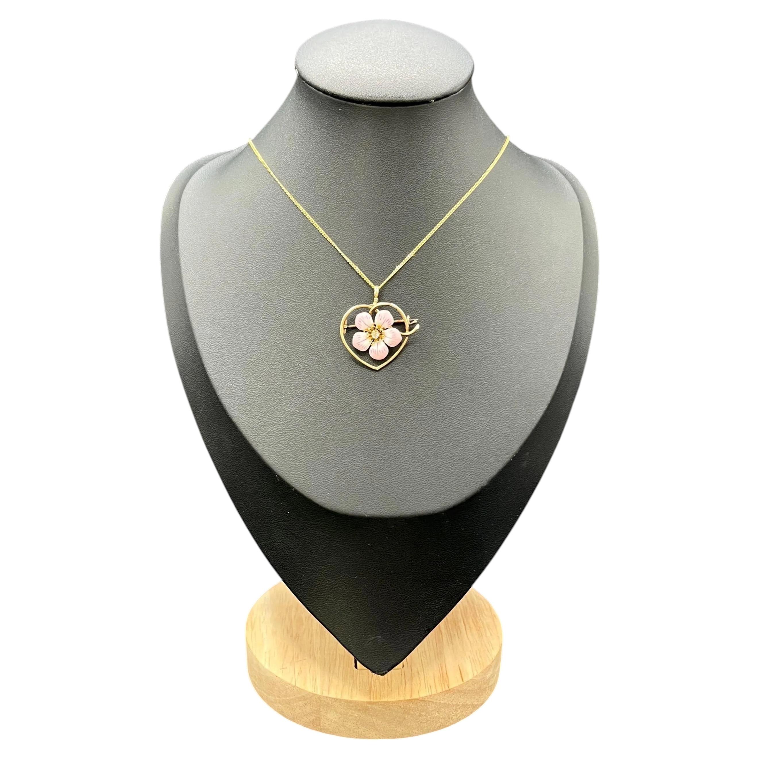 Ciondolo/spilla antico a forma di cuore con fiore in oro 14 carati, diamanti e smalto rosa