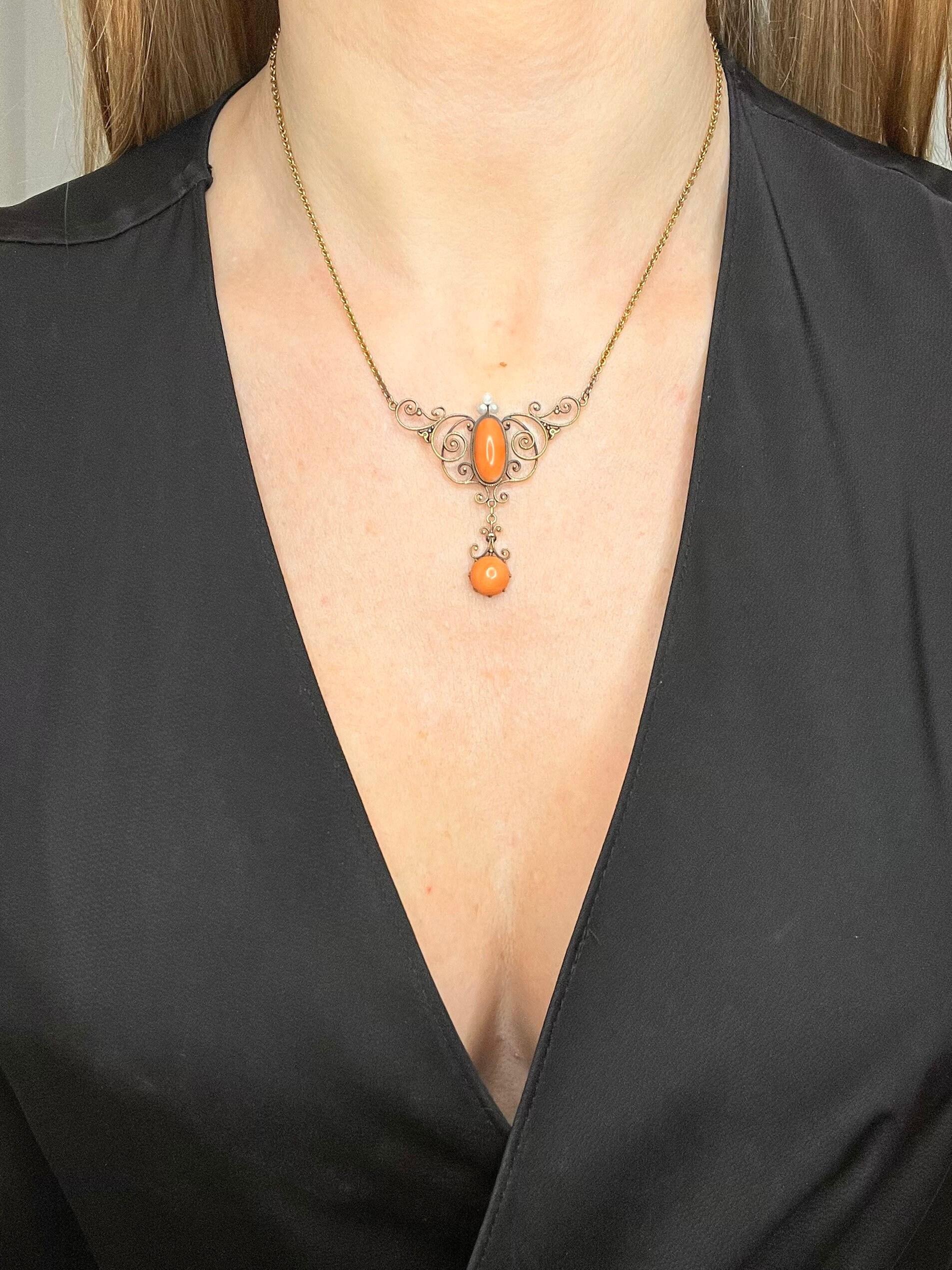 Antique 14ct Gold Art Nouveau Coral Pendant Necklace For Sale 2