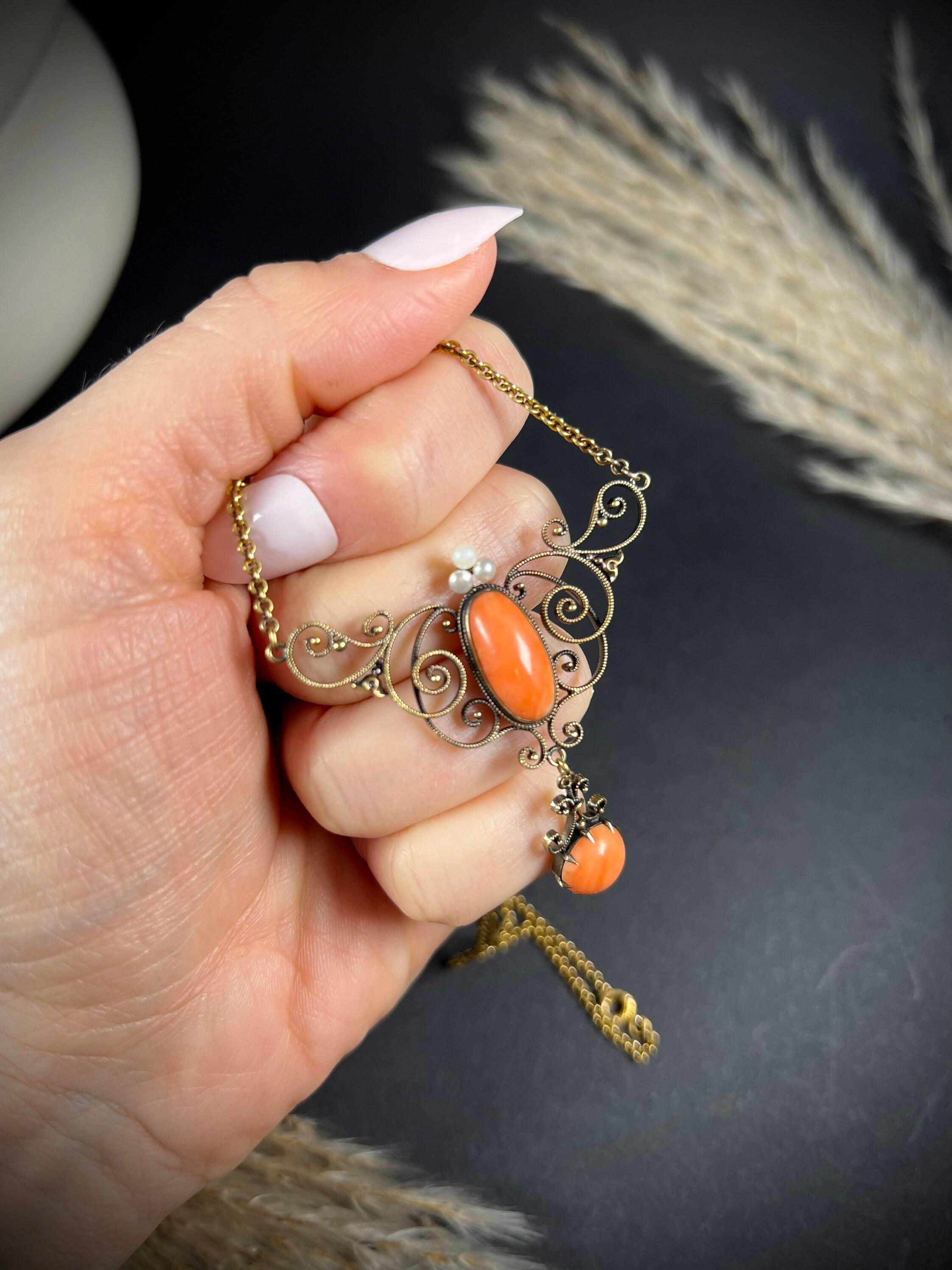 Antique 14ct Gold Art Nouveau Coral Pendant Necklace For Sale 3