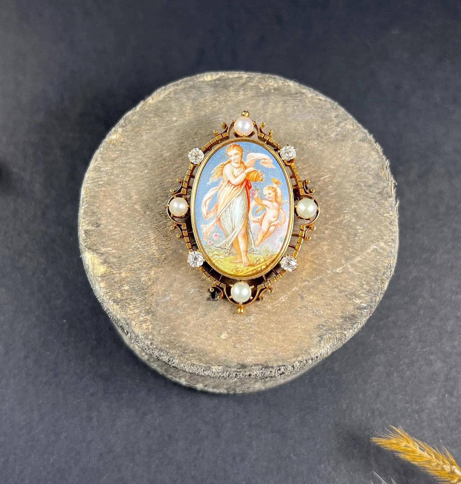Antique 14ct Gold, Early Victorian Enamel, Pearl, Diamond Venus & Cupid Brooch For Sale 5