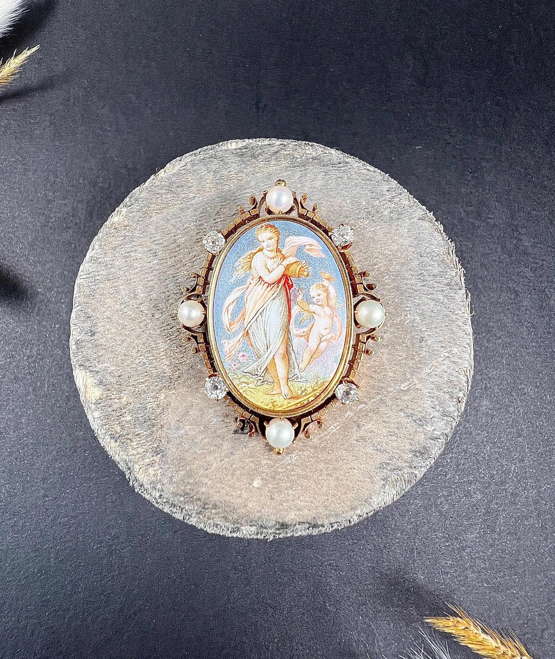 Antique 14ct Gold, Early Victorian Enamel, Pearl, Diamond Venus & Cupid Brooch In Good Condition For Sale In Brighton, GB