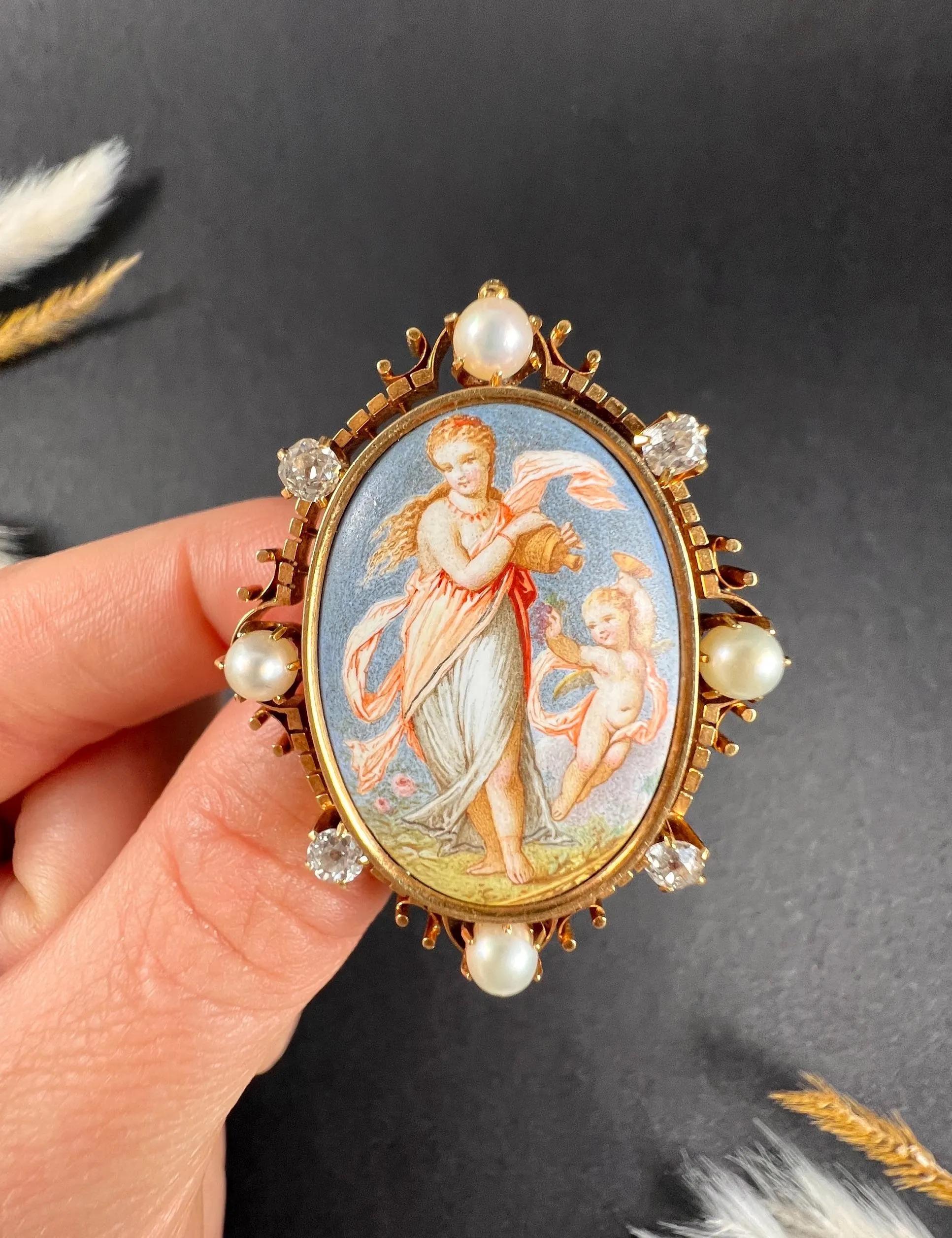 Antique 14ct Gold, Early Victorian Enamel, Pearl, Diamond Venus & Cupid Brooch For Sale 1