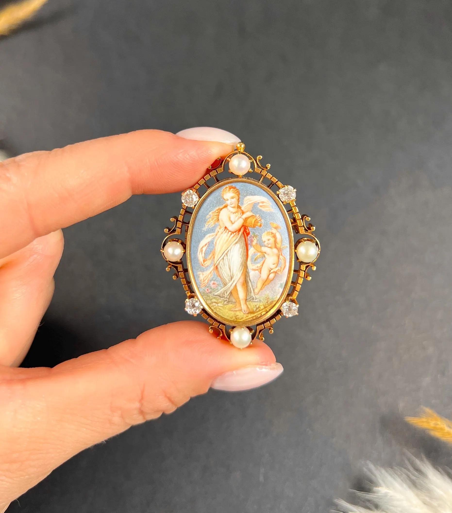 Antique 14ct Gold, Early Victorian Enamel, Pearl, Diamond Venus & Cupid Brooch For Sale 4