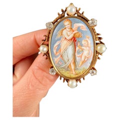 Antique 14ct Gold, Early Victorian Enamel, Pearl, Diamond Venus & Cupid Brooch