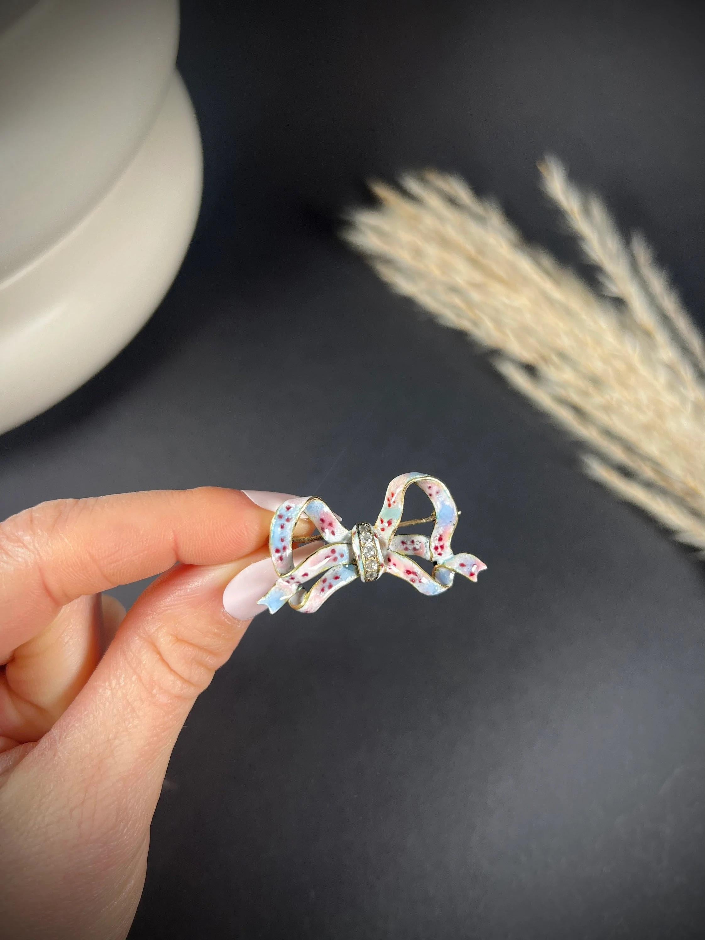 Antique 14ct Gold Edwardian Floral Enamel & Diamond Bow Brooch For Sale 5
