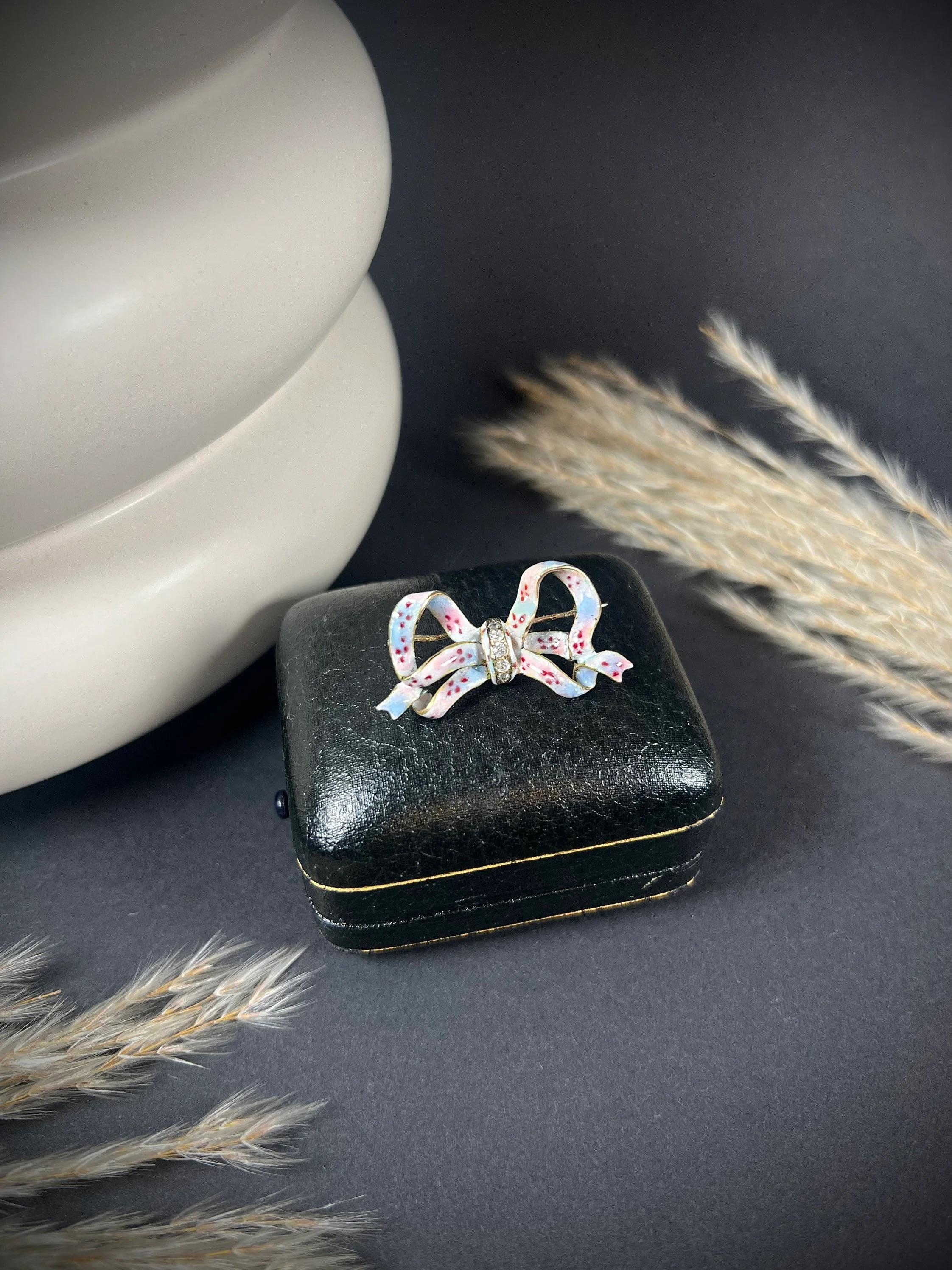Old European Cut Antique 14ct Gold Edwardian Floral Enamel & Diamond Bow Brooch For Sale