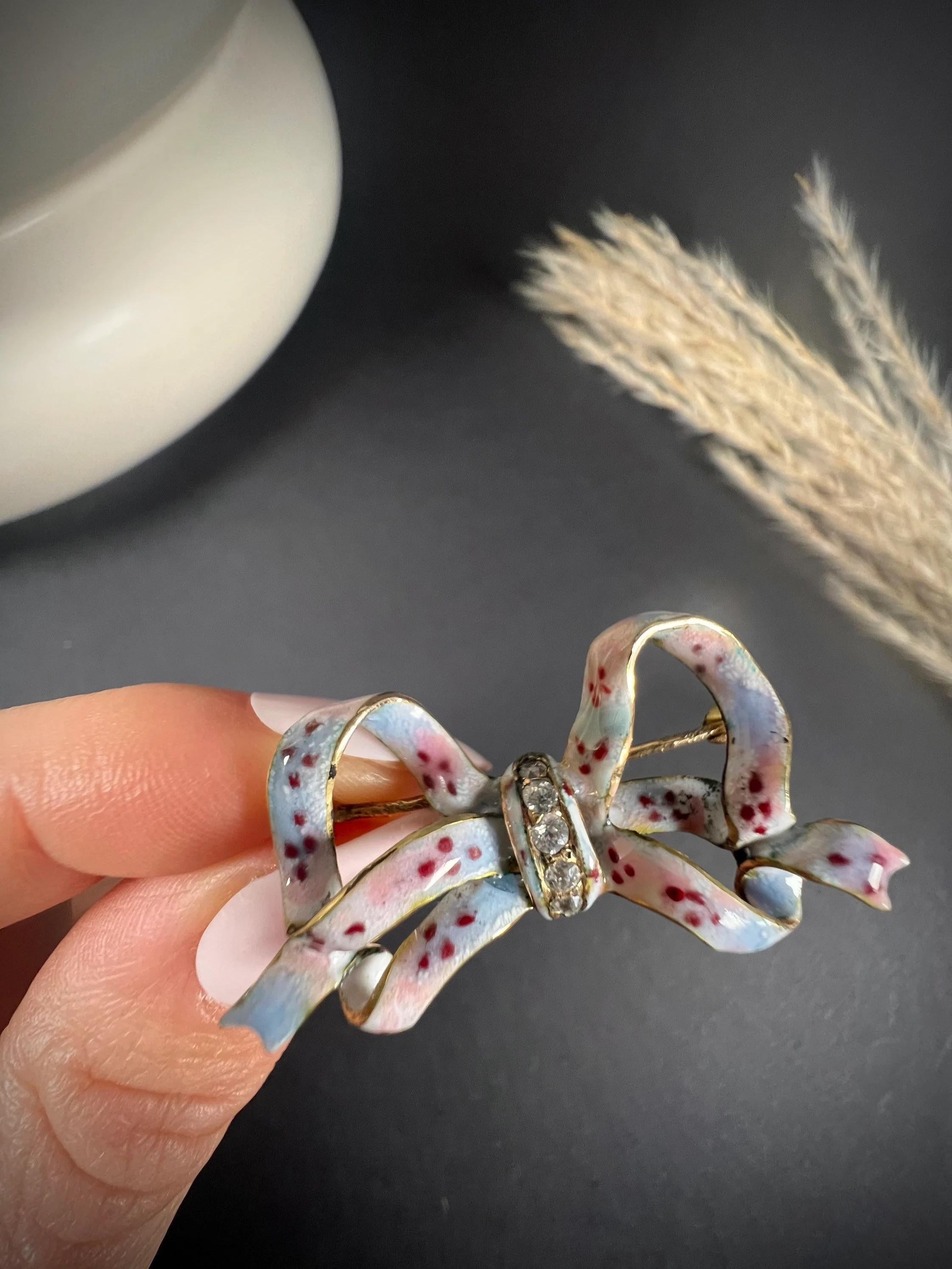 Women's or Men's Antique 14ct Gold Edwardian Floral Enamel & Diamond Bow Brooch For Sale