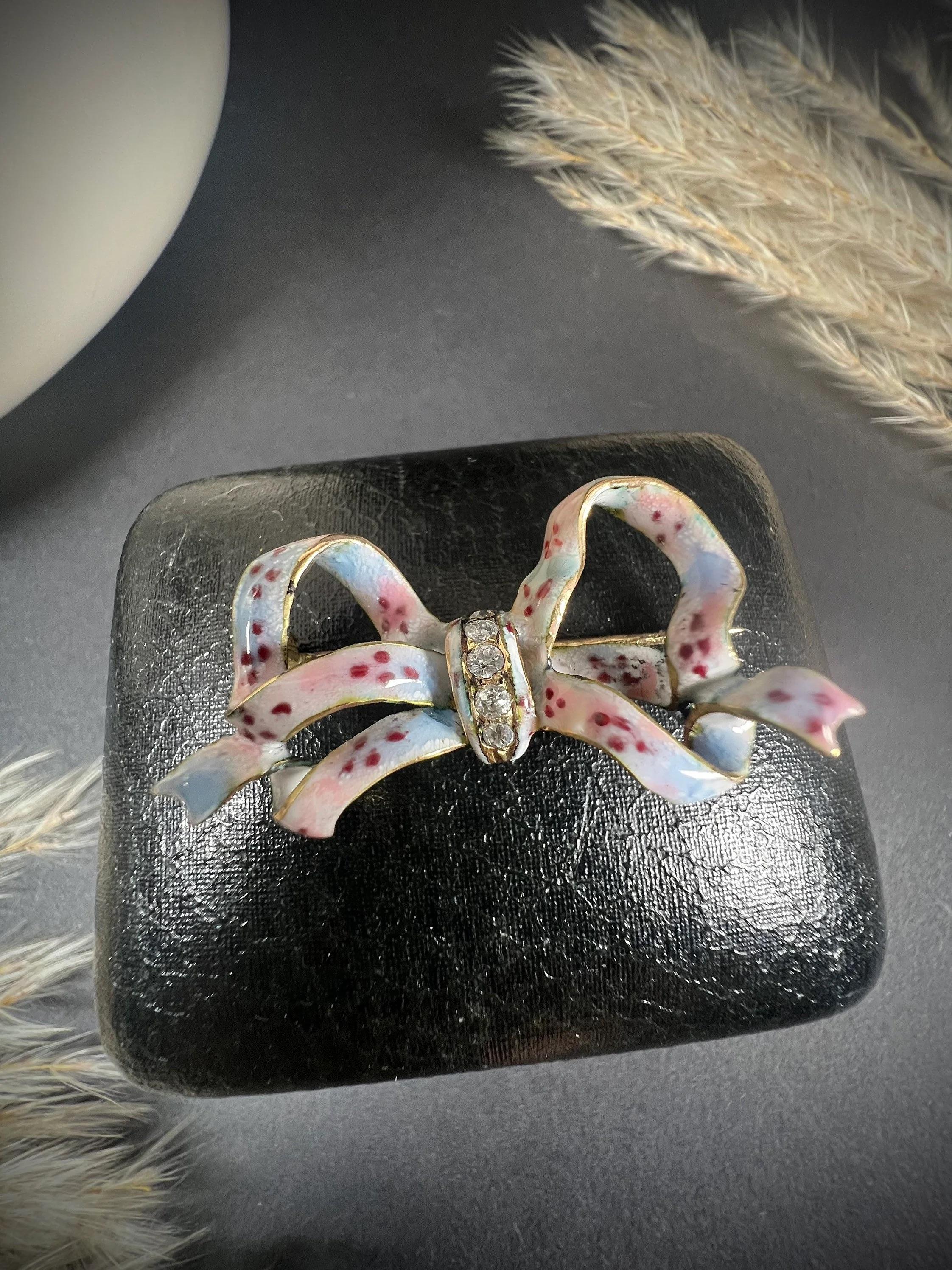 Antique 14ct Gold Edwardian Floral Enamel & Diamond Bow Brooch For Sale 1