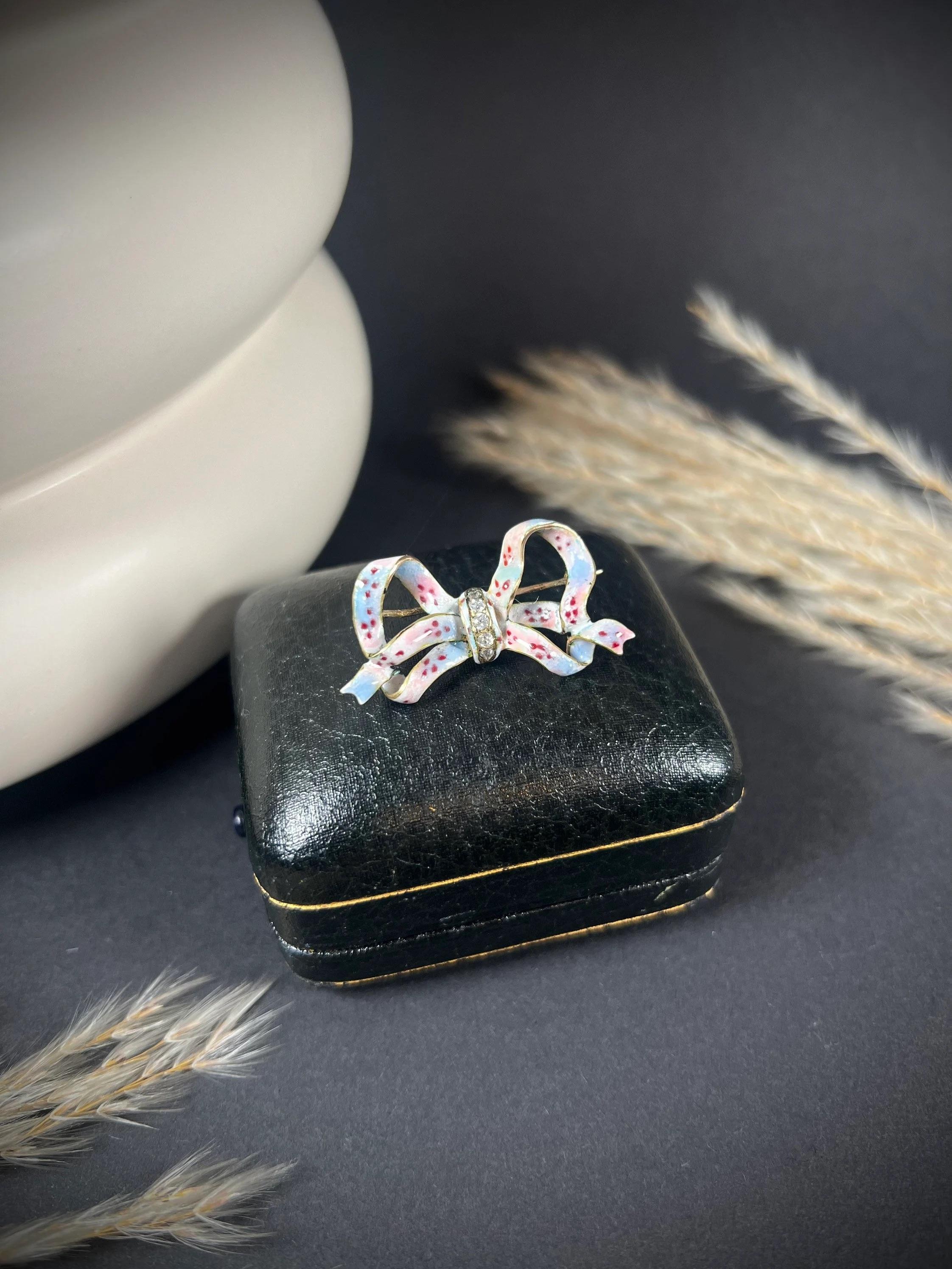 Antique 14ct Gold Edwardian Floral Enamel & Diamond Bow Brooch For Sale 2