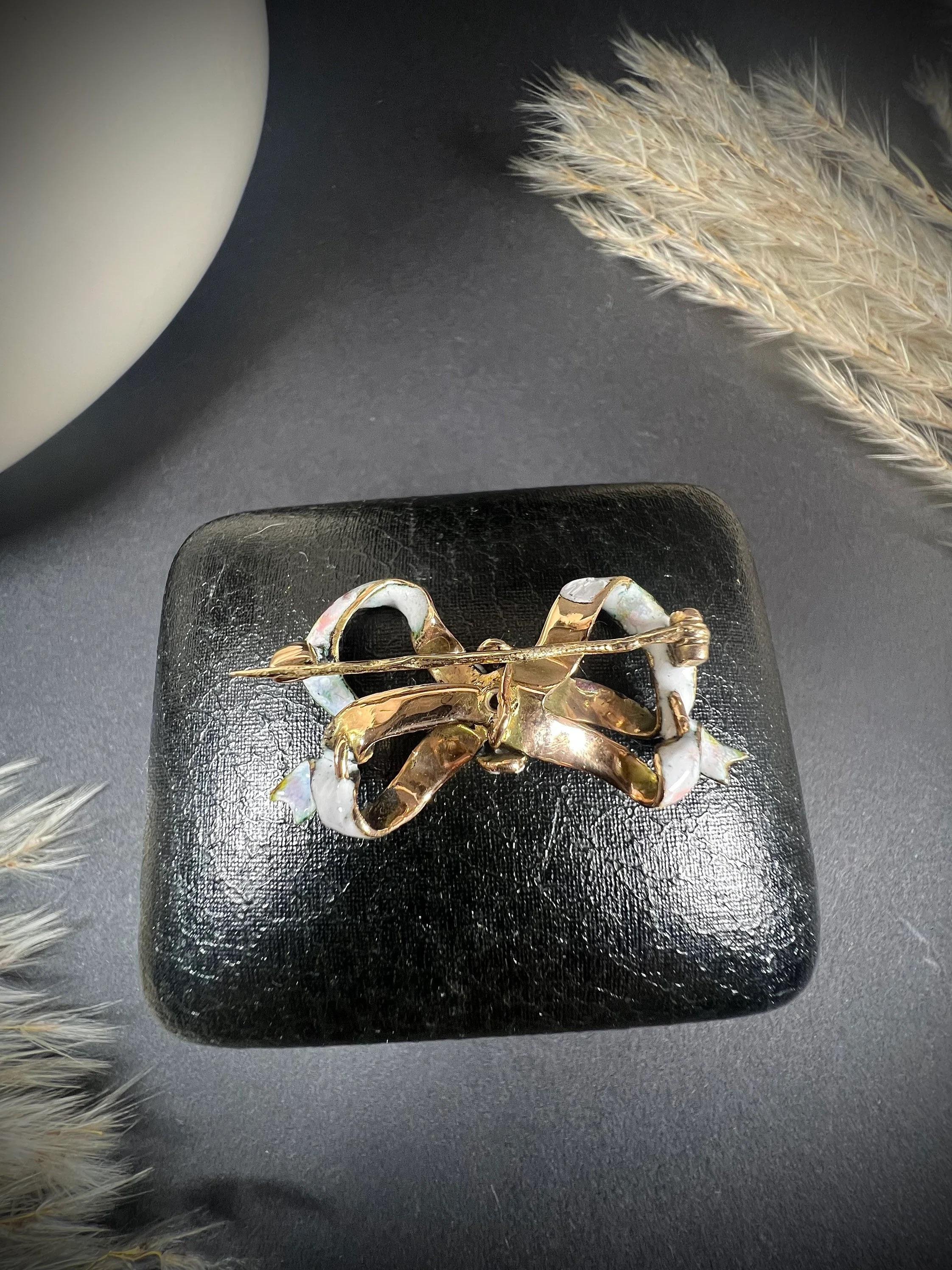 Antique 14ct Gold Edwardian Floral Enamel & Diamond Bow Brooch For Sale 3