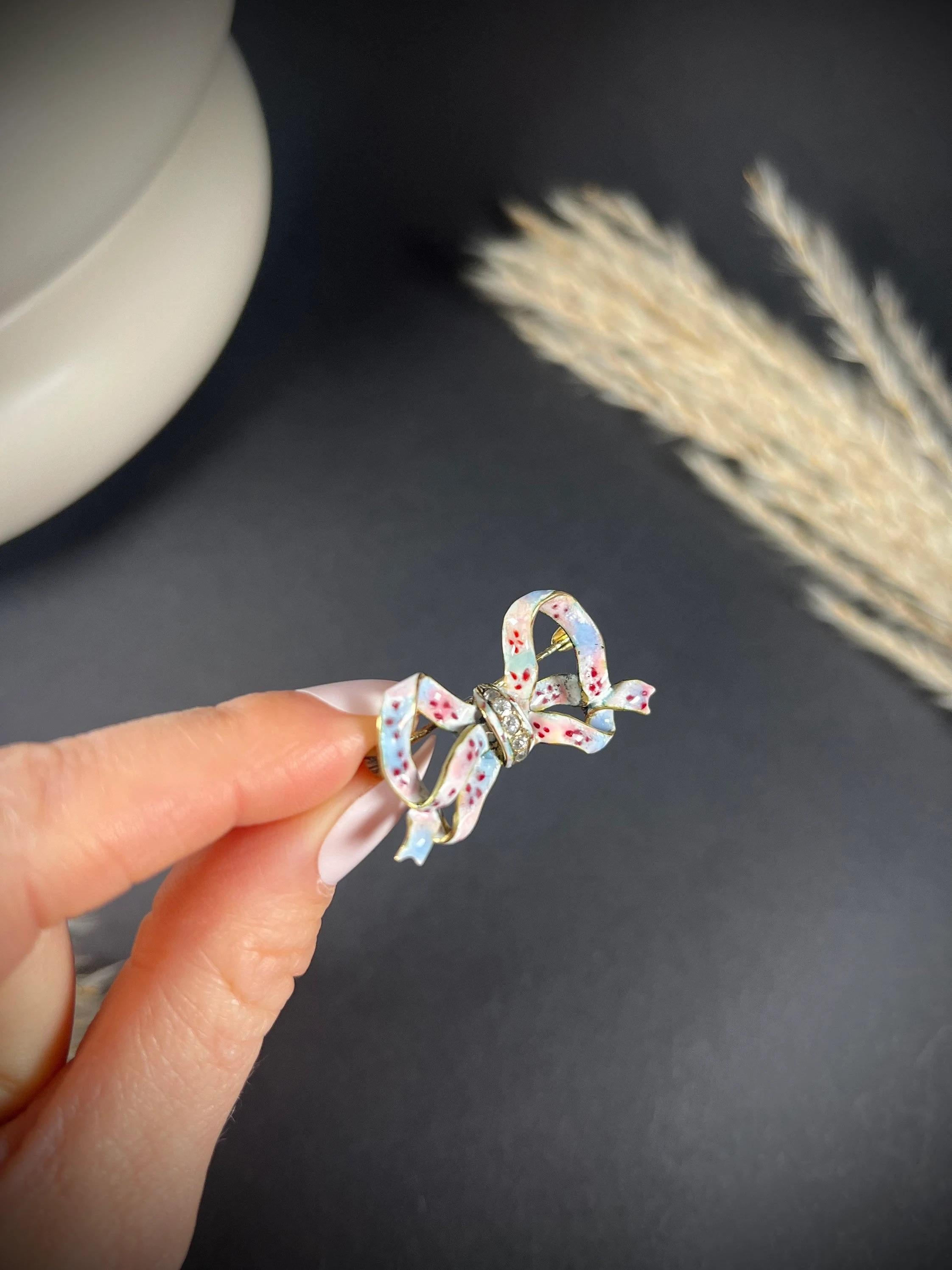 Antique 14ct Gold Edwardian Floral Enamel & Diamond Bow Brooch For Sale 4