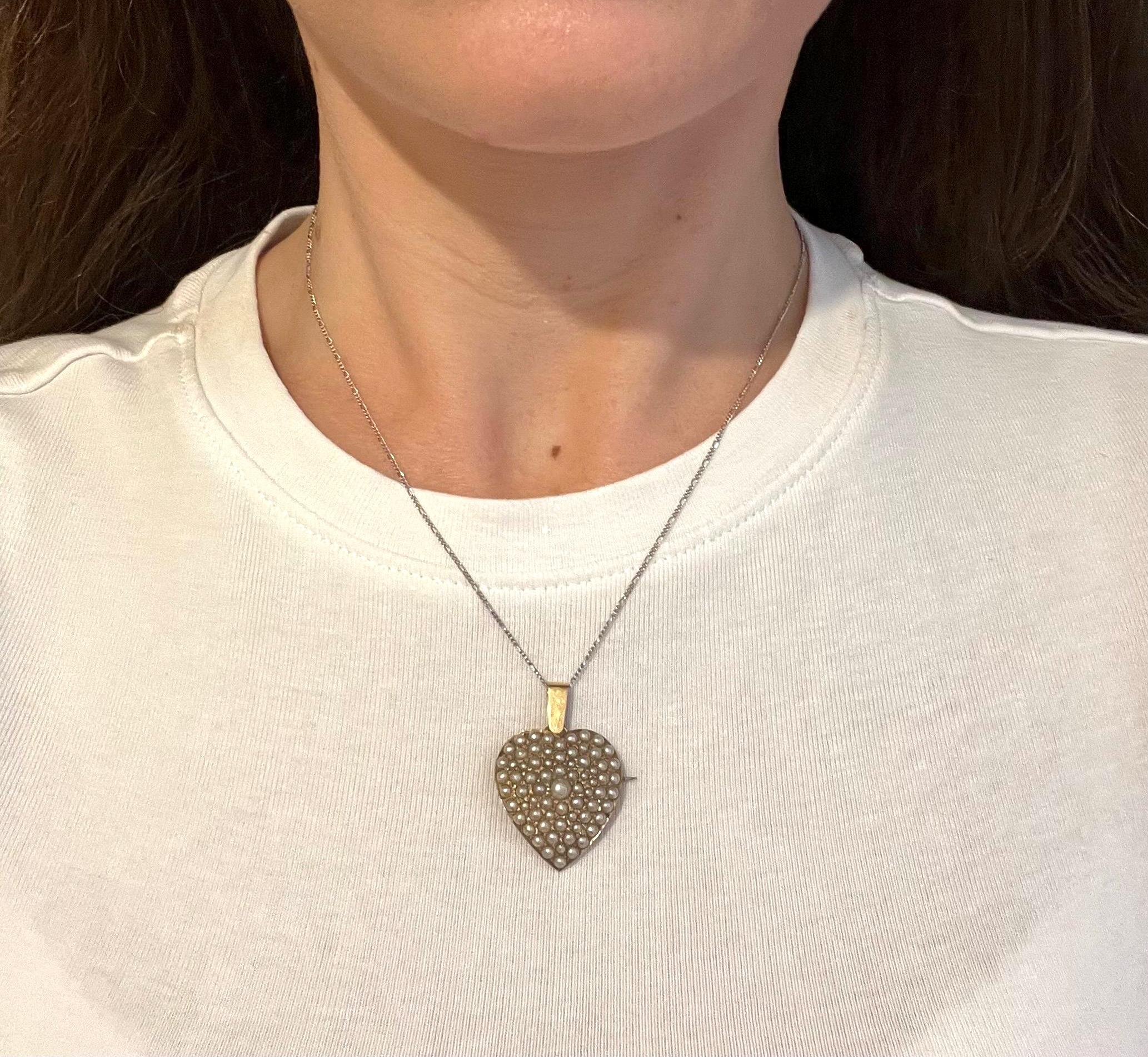 Edoardiano Ciondolo e spilla a forma di cuore con perla, in oro 14ct, di epoca edoardiana in vendita