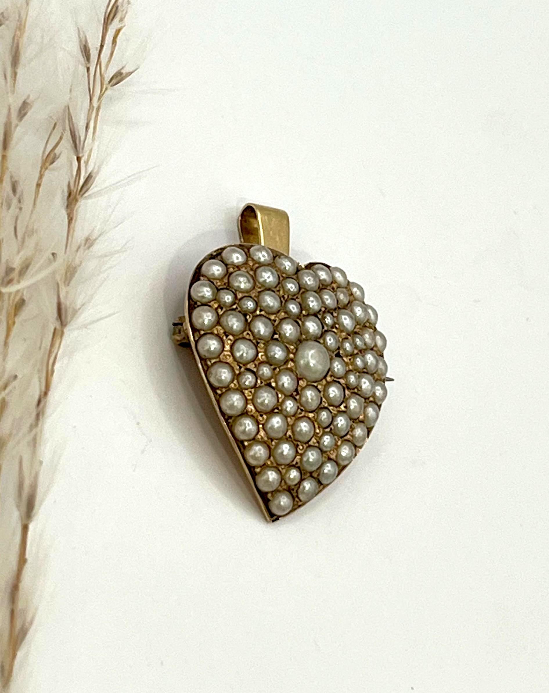 Taglio rotondo Ciondolo e spilla a forma di cuore con perla, in oro 14ct, di epoca edoardiana in vendita