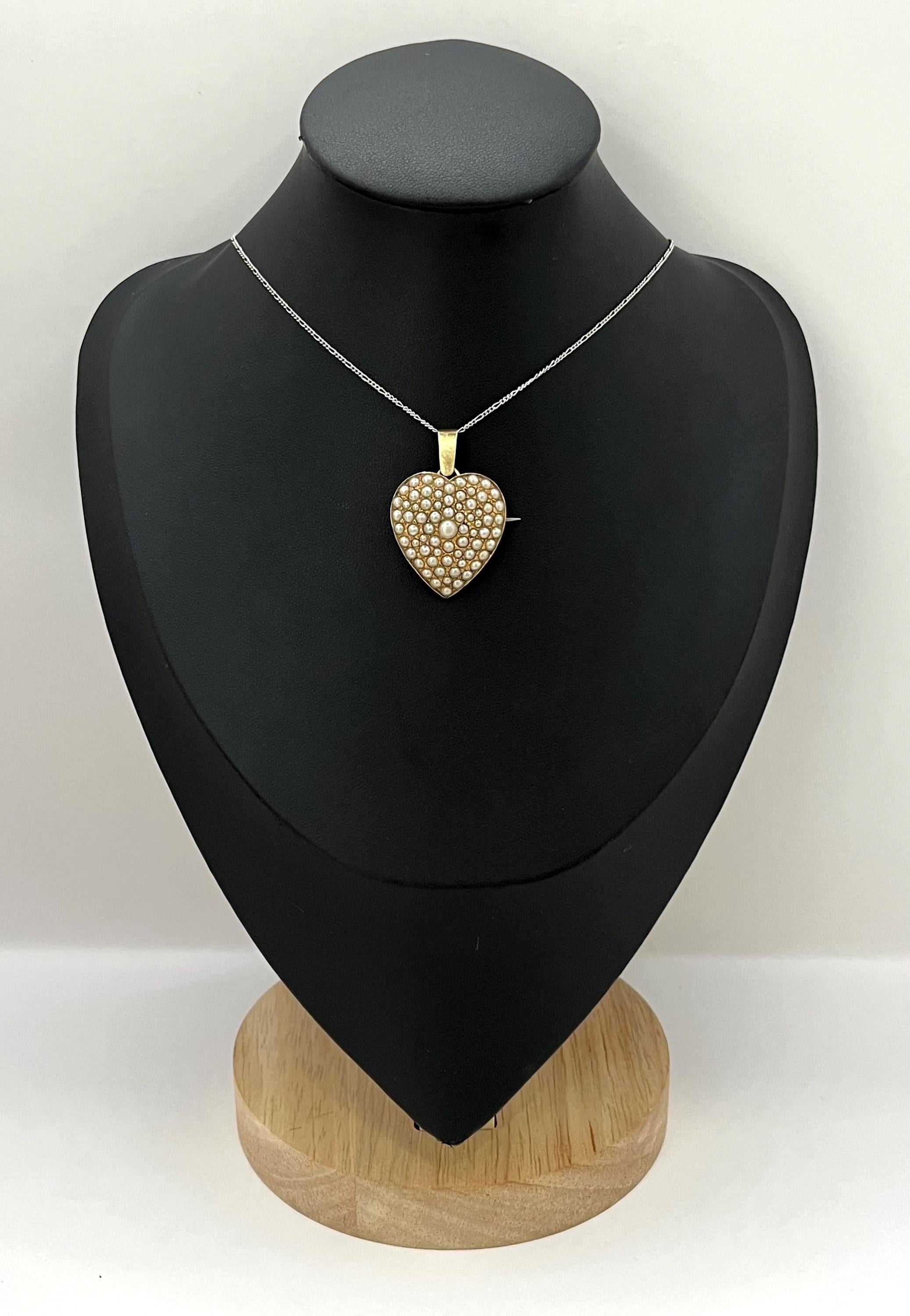 Ciondolo e spilla a forma di cuore con perla, in oro 14ct, di epoca edoardiana in vendita 2