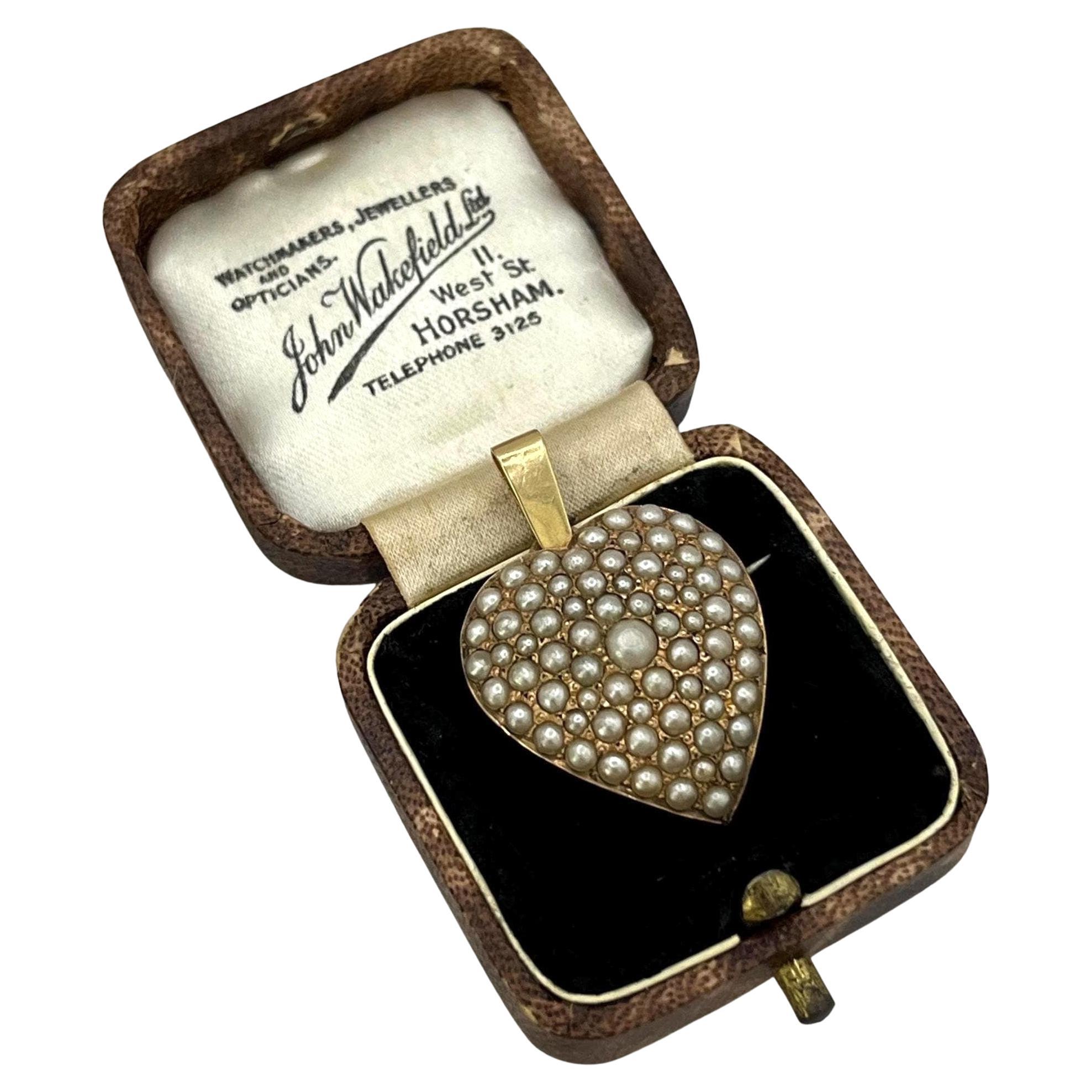 Ciondolo e spilla a forma di cuore con perla, in oro 14ct, di epoca edoardiana in vendita