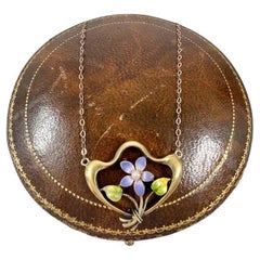 Antique 14ct Gold & Enamel, Art Nouveau Forget Me Not, Floral Pendant Necklace