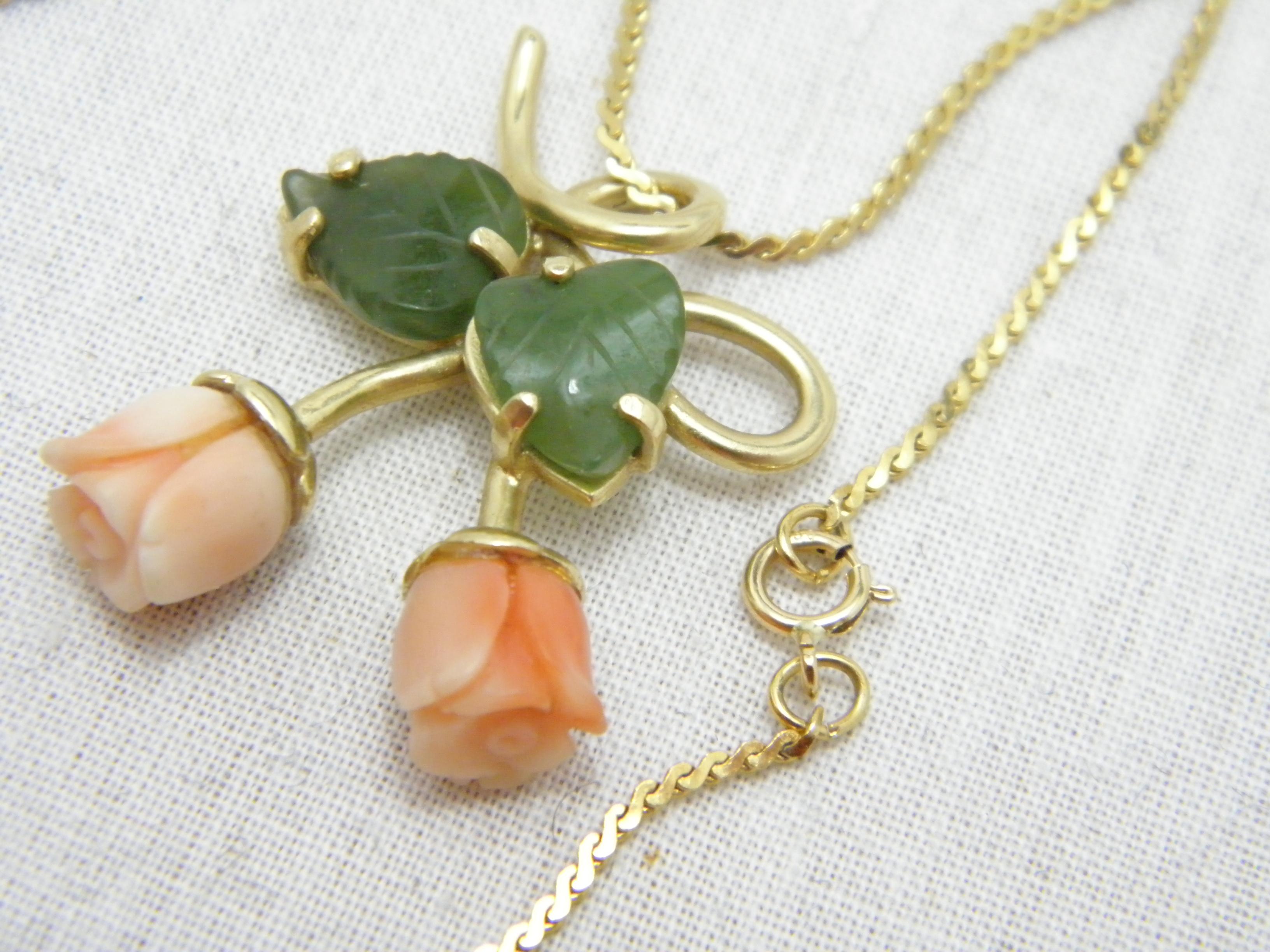 Antique 14ct Gold Jade Coral Roses Pendant Necklace Byzantine Chain 585 28 Inch For Sale 3
