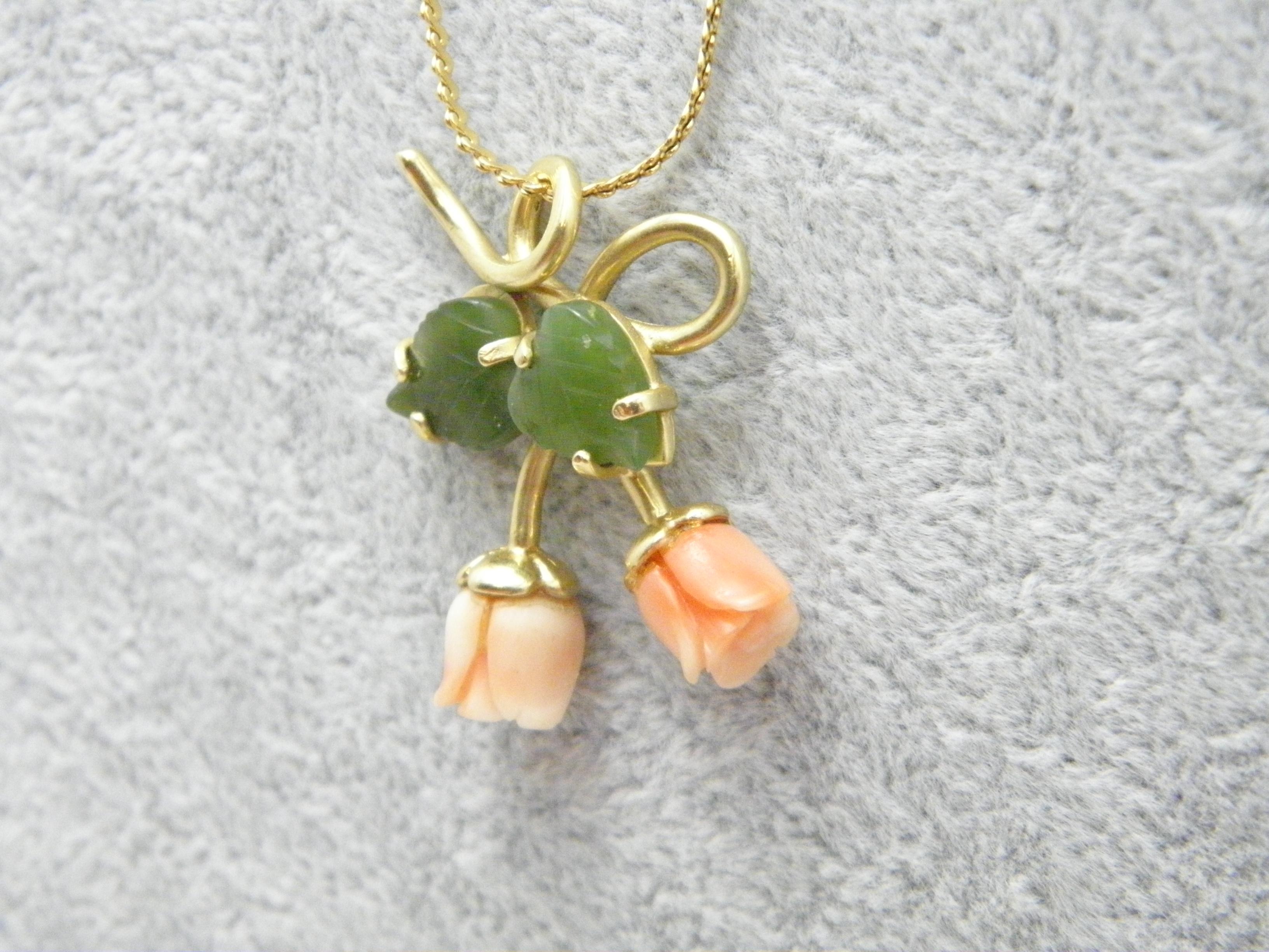 Art Deco Antique 14ct Gold Jade Coral Roses Pendant Necklace Byzantine Chain 585 28 Inch For Sale