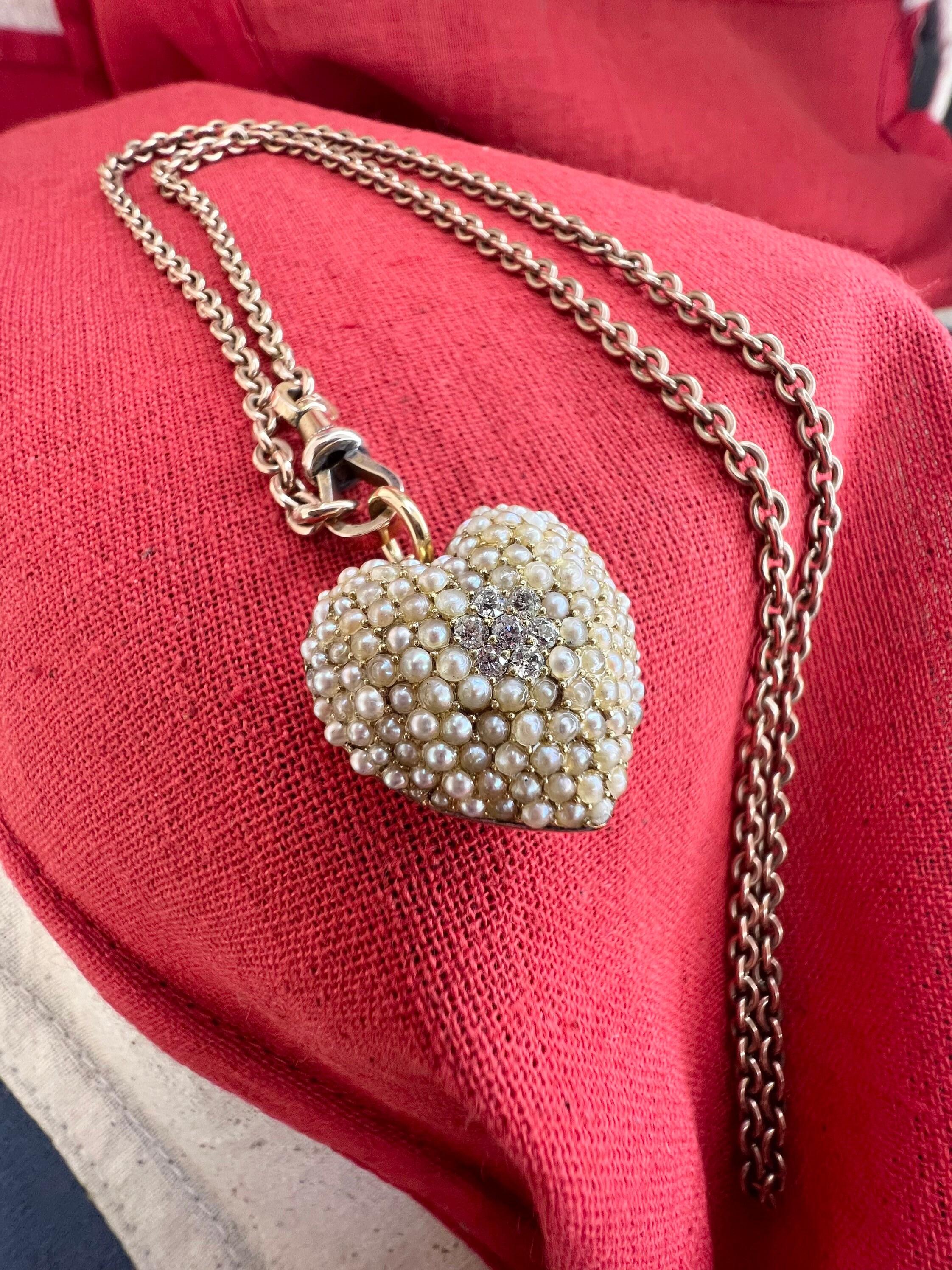 Antique 14ct Gold Pearl & Diamond Heart Pendant For Sale 5